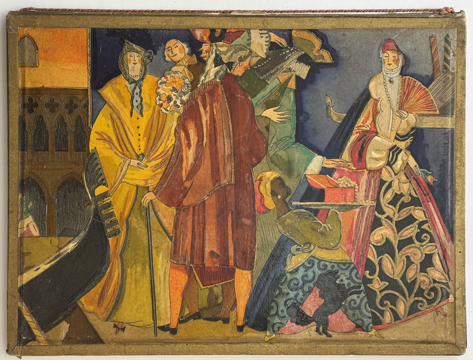[JUNGMANN].
Jungmann et Cie.
Paris : Tolmer, [1927]. — In-4, 280 x 226 : 8 planches, couverture illustrée. Broché, sous chemise cartonnée illustrée sur le plat supérieur d’une grande composition en couleurs représentant une scène de la vie galante à Venise, étiquette au premier contreplat, encadrements dorés, étiquette sur fond doré au second contreplat.

Plaquette publicitaire très rare, imprimée par Tolmer, comprenant huit planches en couleurs lithographiées avec rehauts au pochoir représentant des modèles de manteaux de fourrures portés par des femmes, légendées du nom du modèle du manteau et de celui de l’animal dont la peau a été utilisée. Chaque planche, montée sur onglets, est estampillée du cachet embossé de « Jungmann et Cie, Paris ».

La très belle illustration en couleurs qui orne le premier plat de la chemise comporte des parties gaufrées et des rehauts d’or.

Exemplaire très bien conservé malgré quelques petits accros à la chemise et des rousseurs sur les planches.