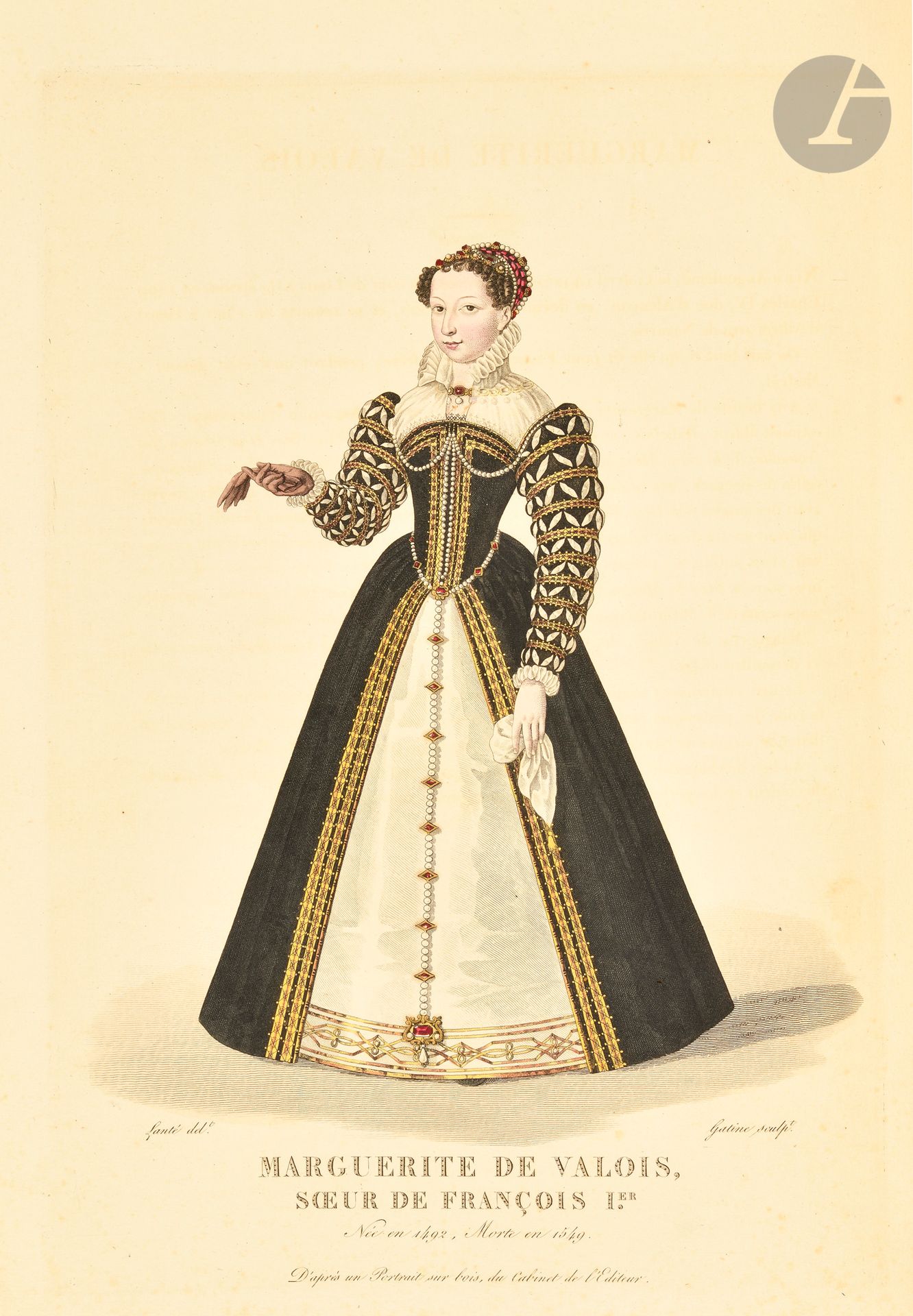 LANTÉ (Louis-Marie) - GATINE (Georges-Jacques) - LA MÉSANGÈRE (Pierre de).
Galerie française de femmes célèbres par leurs talens, leur rang ou leur beauté.
Paris : L’éditeur, 1827. — In-folio, 331 x 246 : (73 ff.), 70 planches. Demi-maroquin à long grain vert foncé à coins, filet doré, dos à faux nerfs orné (reliure du début du XXe siècle).

Brunet, III, col. 795. - Vicaire, III, col. 854 et IV, col. 1362. - Colas, n° 1765. - Lipperheide, n° 1077.

Édition originale et premier tirage de cette magnifique galerie des femmes célèbres du XIIe au XVIIIe siècle, depuis Hermengarde, fille du comte d’Anjou, jusqu’à Sophie Arnould dans l’opéra de Pyrame et Thisbé.

Elle se compose de 70 planches représentant le portrait en pied de chacune de ces femmes, gravés sur cuivre par Gatine et soigneusement coloriés d’après les dessins de Lanté. Chaque gravure est accompagnée d’une courte notice rédigée par Pierre de La Mésangère (1761-1831), abbé mondain devenu touche-à-tout élégant, directeur du Journal des dames et des modes pendant trente ans.

Bel exemplaire bien établi au début du XXe siècle.
Dos légèrement éclairci, petite fente sur un mors, quelques rousseurs sur les planches, traces d’un feuillet et d’un trombone sur le faux titre.