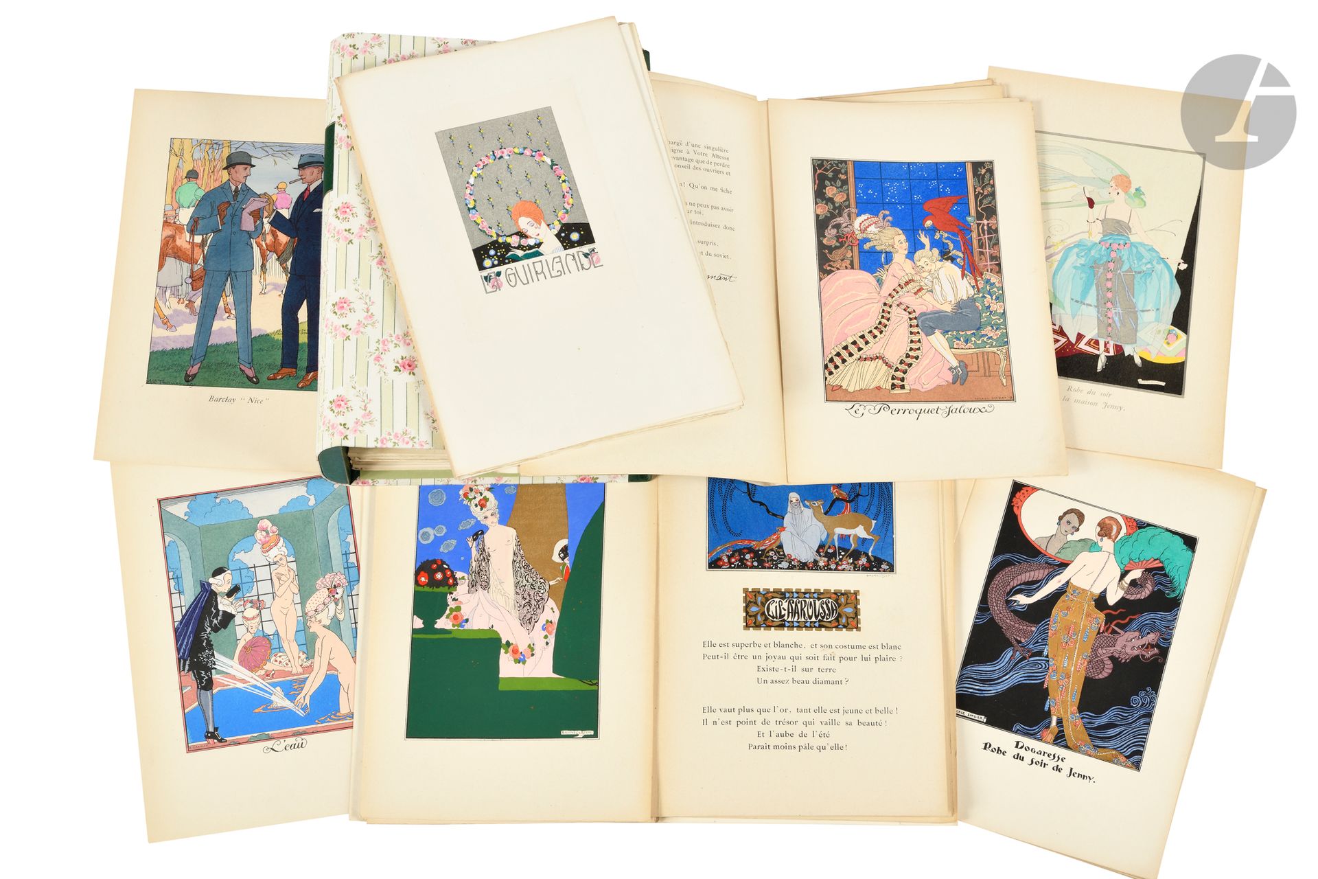 BRUNELLESCHI (Umberto).
La Guirlande. Album mensuel d’art et de littérature.
Paris : François Bernouard, 1919-1920. — 11 fascicules petit in-4, 285 x 190. En feuilles, couvertures illustrées sur le premier plat d’une composition de Brunelleschi coloriée au pochoir, le tout sous une chemise à rabats recouverte d’un tissu imprimé de bandes verticales vertes et blanches décoré de couronnes de roses répétées, rabats, doublure du dos et pièce de titre en cuir vert, étui bordé recouvert du même tissu décoré (Martine Clamagirand-Roth).

Colas, Bibliographie générale du costume et de la mode, n° 1362.

Rare réunion complète de cette très belle et célèbre revue.

Imprimée par l’éditeur-typographe François Bernouard, cet « album d’art et de littérature » mensuel parut durant la grande guerre d’octobre 1919 à août 1920, soit au total 11 fascicules. La direction littéraire fut confiée à Jean Hermanovits et la direction artistique à Umberto Brunelleschi. Le tirage était de 800 exemplaires.

L’ensemble est ainsi composé :
- 1er fascicule - Octobre 1919 : (16 feuillets) (textes d’Abel Hermant, Alfred Capus, la baronne A. de Brimont, Clément Vautel, Jean Hermanovits et André de Fouquières, illustrés de compositions en couleurs de Brunelleschi, Dubaut, Joseph Hémard, Gerda-Wegener et E. Blanche), 2 hors-textes (lithographie inédite d’Abel Faivre, et Le Perroquet jaloux par George Barbier) et 10 feuilles de réclames et critiques littéraires.

- 2e fascicule - Novembre 1919 : (26 feuillets) (texte d’Abel Hermant, Paul Bourget, Anna de Noailles, André Brulé, Rip, André de Fouquières, Juliette Lancret et Paméla, illustrés de compositions en couleurs dans le texte de Brunelleschi, Garcia-Benito, George Barbier, Joseph Hémard et Mahias), 7 hors-textes (Un soir à Venise de Brunelleschi, La Leçon bien apprise de George Barbier, Monsieur André Brulé par Brunelleschi, Dogaresse de George Barbier, Pompadour Robe de Petit-Dîner par Brunelleschi, Istar-Sahar par Brunelleschi et Habillé par Barclay par Taquoy) et 5 feuillets de réclames.

- 3e fascicule - décembre 1919 : (22 feuillets) (textes d’Abel Hermant, Paul Bourget, Henri de Régnier, André Brulé, Jean Hermanovits, André de Fouquières et de Juliette Lancret, illustrés de compositions en couleurs dans le texte de Brunelleschi, Garcia-Benito, George Barbier et Guy Arnoux), 5 hors-textes (L’Arlequin curieux de Brunelleschi, Les Agnelets de Jean Ray, Barclay Nice et Barclay Paris par Maurice Taquoy, et L’Heure du bain par Vallée), 4 feuillets de réclames et un feuillet « À nos lecteurs ».

- 4e fascicule - 1920 : (22 feuillets) (textes d’Abel Hermant, Henri de Régnier, René Boylesve, Jean Hermanovits, G. de La Fouchardière, André de Fouquières, Juliette Lancret, illustrés de compositions en couleurs dans le texte de Brunelleschi, George Barbier, Garcia-Benito, Jean Dulac et Guy Arnoux), 8 hors-textes (Le Baiser sur l’échelle de Brunelleschi, L’Eau de George Barbier, Le Soir de M. Stab, Vêtement de Sports de Barclay par Taquoy, Habillé par Barclay, Robe du soir de la maison Jenny par Brunelleschi, Robe du soir de chez Marie-Louise Barclay par Brunelleschi, L’Heure du bain par Vallée) et 4 feuillets de réclames.

- 5e fascicule - 1920 : (24 feuillets) (textes d’Abel Hermant, Henri de Régnier, René Boylesve, Jean Hermanovits, André de Fouquières, Madame de Mirecour, illustrés de compositions en couleurs dans le texte de Brunelleschi, George Barbier, Stab et Bonnotte), 8 hors-textes (La Lettre attendue de Monsieur Zinoview, Flirt de Geischa d’Emmanuel Blanche, Les Colombes familières de George Barbier, Roi Soleil par Blanche, Charmante par Robert Polack, De l’été à l’automne par Bonnotte, Malmaison par Bonnotte et Sirène par Bonnotte) et 6 feuillets de réclames.

- 6e fascicule - 1920 : (24 feuillets) (textes d’Abel Hermant, René Boylesve, Paul Fort, Clément Vautel, Francis de Miomandre, André de Fouquières, illustrés de compositions dans le texte de Brunelleschi, George Barbier, Stab, Mahias et Bonnotte), 5 hors-textes (Concert de Brunelleschi, Jolie Cueillette de Gerda Wegener, dessin d’Hermann-Paul, Pour rêver un peu par Zinoview, et Au fumoir par Bonnotte) et 6 feuillets de réclames.

- 7e fascicule - 1920 : (32 feuillets) (textes de Lucie Delarue-Mardrus, René Boylesve, Jean Hermanovits, Abel Hermant, Miguel Zamacoïs, André de Fouquières, Madame de Mirecourt, illustrés de compositions en couleurs dans le texte de Jean Ray, George Barbier, Brunelleschi, Stab, Zinoview et Lucienne Martin), 8 hors-textes (La Femme à l’éventail de Brunelleschi, Étude de femme de J.G. Domergue, Un peu de musique dans un parc de Cadogan, La neige au Japon d’E. Blanche, Romanesque de Brunelleschi, Voici l’hiver de Bonnotte, Création de Melnotte-Simonin de mademoiselle A. Rome, et Grand siècle par Stab) et 8 feuillets de réclames.

- 8e fascicul