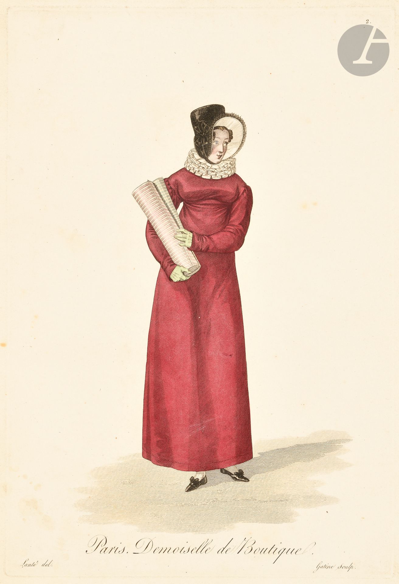 LANTÉ (Louis-Marie) - GATINE (Georges-Jacques).
[Les Ouvrières de Paris ou Grisettes de Paris].
[Paris, 1817-1827]. - In-4, 345 x 262: 41 plates mounted on tabs. Demi-maroquin à long grain citron à coins, gilt fillets, ornate spine, gilt head, untrimmed (binding from the second half of the 19th century).

Colas, 1764. - Lipperheide, no. 1184. - Beraldi, Les Graveurs du XIXe siècle, vi, p. 227: "très intéressants".

Very rare suite of 41 of 47 color costume engravings, devoted to the working women of Paris. They were engraved by Georges-Jacques Gatine (1773-1841 ?) from drawings by Louis-Marie Lanté (1789-1838 ?).

According to Colas: "This series is one of the most interesting of those drawn by Lanté. He also points out that the last five engravings "are very rare".

This copy includes the first 41 engravings: 1 Petite Bourgeoise. - 2 Demoiselle de Boutique. - 3. écaillère. - 4. laundress. - 5. chambermaid, - 6. seamstress. - 7. milliner. - 8. linen maid. - 9. florist. - 10. Embroiderer. - 11. cook. - 12. Maid. - 13. itinerant haberdasher. - 14. Straw hat merchant. - 15. Boutiquière. - 16. Caterer's maid. - 17. Canvas merchant. - 18. Shoemaker. - 19. Singing school student. - 20. merchant of pleasure. - 21. Crémière. - 22. Ironer. - 23. Bath maid. - 24. Fayencière. - 25. National Guard canteen maid. - 26. Corset seamstress. - 27. Lace washerwoman. - 28. Knitter. - 29. Nanny. - 30. Lodge Opener. - 31. Student painter. - 32. Dance school student. - 33. Servant-mistress. - 34. Hatter. - 35. Mercier. - 36. Traveling linen maid. - 37. Hair braider. - 38. Toilet trader. - 39. Lingerie Mistress. - 40. worker in capotes. - 41. Plucker.

The last 6 are missing, namely the Jeweler, the Candy Merchant, the Tablemaker, the Dramatic Artist, the Little Mistress and the Boulevard Italien Bouquetière.

This suite is also known as Costumes des Marchandes et Ouvrières de Paris. Usually dated 1824, its publication was staggered. The first 7 appeared on May 20, 1817, announced in issue no. 25 of the Journal des Dames of May 5, 1817, and the last appeared on August 22, 1827 (see the Bibliographie de la France at this date and the Journal des Dames et des modes of August 31, 1827, page 378).

A very fine copy, each engraving printed on strong wove paper and mounted on a mitre. Bound later, it comes from the library of the Château de Valencay.
Covers and corners rubbed. Paper slightly foxed in places, a few small marginal tears. 

Provenance:
Château de Valençay, with bookplate bearing the arms of Talleyrand-Périgord.