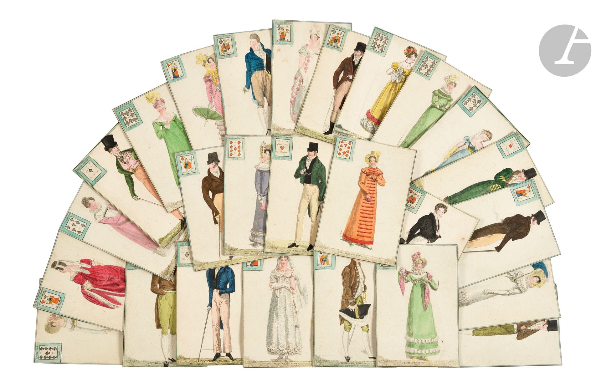 [PLAYING CARDS].
"Nouveau jeu de cartes avec costume".
S.l., [circa 1820]. - 32 cards, 150 x 100, preserved in their original box illustrated with a watercolor engraving on the upper cover.

Set of 32 large cards depicting different male and female characters in colorful French costumes.

This card set consists of 32 different engravings, watercolored at the time, printed on very strong, lined paper and framed in green.

The four suits, i.e. spades, diamonds, hearts and clubs, are represented by a small engraving (30 x 25 mm) mounted in the top left-hand corner of the card, also framed in green. The figures (jack, queen, king) are also colored.

Each card has two distinct indications, different for each one. At the top are questions or statements such as "Do you like to dance?", "Do you dream?", "Are you unfaithful?", "That's the truth", "Anytime", "That's indiscreet". And underneath are divinatory locutions such as "mourning", "feast", "fortune", "blond boy", "love", "victory".

An exceptional deck of cards, perfectly preserved in its original box.


Provenance:
Louis Becker, with bookplate.