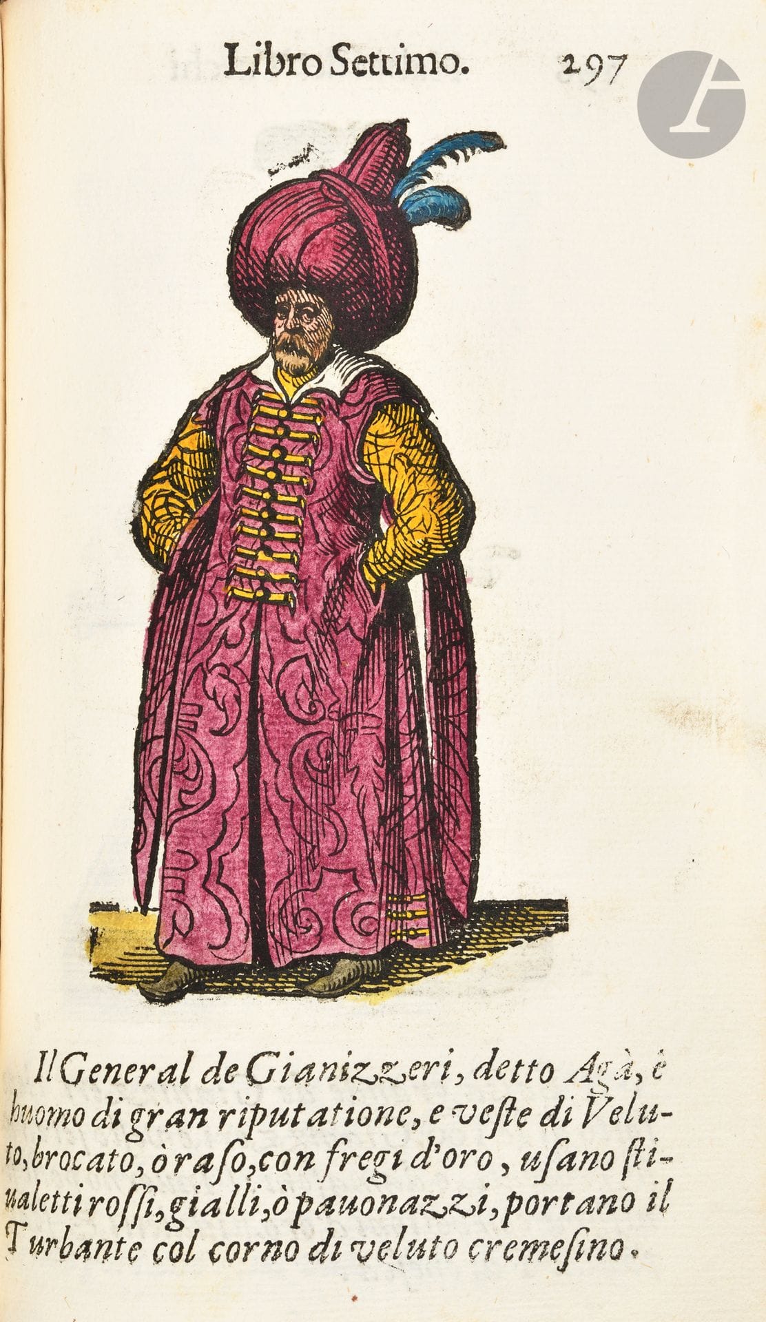 VECELLIO (Cesare).
Habiti antichi, Overo raccolta di figure Delineate dal Gran Titiano, e da Cesare Vecellio suo Fratello, diligentemente intagliate, conforme alle Nationi del Mondo.
Venise : Sebastiano Combi, Giovanni La Noù, 1664. — In-8, 181 x 111 : (7 ff.), 415 pp. Veau brun moucheté, dos à nerfs orné de caissons de fleurons dorés, tranches mouchetées rouges, boîte-livre en maroquin rouge de Virginie Fonlupt (reliure du temps).

Brunet, Manuel du libraire et de l’amateur de livres, V, col. 1104. - Colas, Bibliographie du costume, n° 2978.

Troisième édition, la première posthume et la seule publiée au XVIIe siècle, de ce recueil majeur de l’histoire des costumes publié pour la première fois en 1590. Il est considéré comme l’un des premiers exemples systématiques d’étude des vêtements historiques et des modes à travers les âges, en particulier à la Renaissance.

Cesare Vecellio (1521-1601), était un peintre et graveur italien, frère de Titien. Il explore dans cet ouvrage les habits non seulement d’Italie mais également de France, d’Espagne, d’Angleterre, d’Allemagne, de Pologne, de Turquie, d’Afrique, d’Asie et des Amériques.

Au total l’édition comprend 415 figures de costumes à pleine page dessinées par Vecellio, reproduites à partir des bois de l’édition précédente (Venise, 1598) mais sans les encadrements : 190 costumes italiens, 104 pour le reste de l’Europe, 51 pour la Turquie, 22 pour l’Afrique, 35 pour l’Asie et 13 pour les Amériques.

Exceptionnel exemplaire, entièrement colorié à la main, le seul à ce jour connu.

Toutes les figures ont été coloriées dans les tons bleu, jaune, orange, rouge, violet et gris, rendant toute sa splendeur à cette formidable galerie de costumes. Nous n’avons rencontré aucun autre exemplaire colorié dans les catalogues de vente de ces vingt dernières années. La mention « Bruges 1735 » est inscrite à la plume sur le premier feuillet et le titre (partiellement grattée).

Bel exemplaire en reliure du temps. Les feuillets sont d’une parfaite fraîcheur.

Habiles restaurations à la reliure, restauration de papier dans l’angle du troisième feuillet.