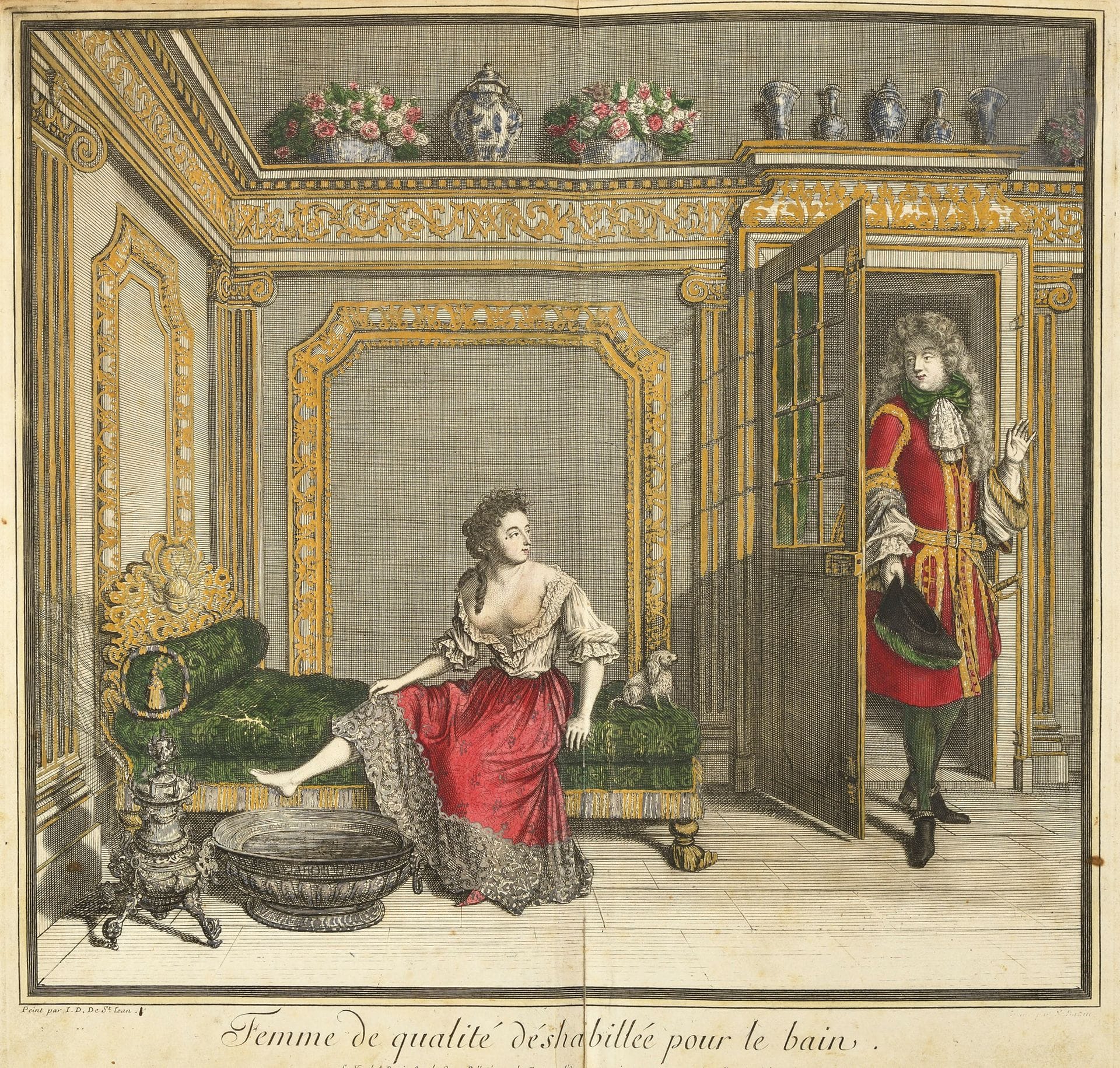 DIEU DE SAINT-JEAN (Jean).
[Mode de France].
[Paris : Jean Dieu de Saint-Jean, 1678-1696]. — In-folio, 390 x 250 : 71 planches. Maroquin rouge, triple filet doré en encadrement sur les plats, dos à nerfs orné, roulette dorée intérieure, doublures et gardes de papier à la colle, tranches dorées, étui moderne (reliure de l’époque).

Colas, Bibliographie générale du costume et de la mode, n° 2629. - Maxime Préaud, « Femme de qualité en steinkerque et falbala », Revue de la BnF, 2013, n° 43, pp. 64-73.

Rarissime et somptueux recueil de 71 planches de costumes, dont trois doubles. Elles sont toutes coloriées à la main et pour certaines rehaussées d’or ou d’argent.

Ces belles gravures représentent la famille royale (Louis XIV, la reine, le dauphin et la dauphine, Monsieur et Madame), un grand nombre d’hommes et de femmes « de qualité » en habits à la mode de France, mais aussi un chevalier de Malte, un paysan et une paysanne des environs de Paris, un couple habillé « incognito » pour traverser la ville, mesdemoiselles Loison, un homme de qualité jouant de la basse de viole, etc.

Les planches ont été montées sur onglets et numérotées à la plume dans l’angle inférieur gauche. Bien que les premières ne soient pas datées, elles semblent avoir été reliées suivant l’ordre chronologique de leur exécution. Elles portent toutes le nom de l’artiste imprimé, Jean Dieu de Saint-Jean. Le nom du graveur n’apparaît que sur quelques planches : Nicolas Bazin, Franz Ertinger, Galand et Scotin. Trois sont datées de 1678, 13 de 1683, 4 de 1684, 2 de 1685, 4 de 1686, 2 de 1687, 3 de 1688, 4 de 1689, 1 de 1690, 1 de 1692, 5 de 1693, 6 de 1694, 1 de 1696 et 22 ne sont pas datées.

Colas note que « les planches de modes gravées par cet artiste se rencontrent presque toujours réunies au recueil de Bonnart […]. On attribue à ce graveur [Saint-Jean] une centaine d’estampes datées de 1678 à 1695 ; le Cabinet des estampes en possède 72, représentant principalement des hommes ou des femmes de qualité dans leurs divers habillements. Outre les planches de format in-4 qui peuvent se joindre au recueil de Bonnart, il en existe certaines de format in-folio portant l’adresse du quai Pelletier et la signature J. D. De St Jean. »

Jean Dieu de Saint-Jean, l’inventeur d’un nouveau genre de gravure de mode.

On sait peu de choses de la vie de Jean Dieu de Saint-Jean. Fils d’un peintre nommé Jean Dieu, il serait né vers 1654 et aurait été reçu à l’Académie royale de peinture et sculpture en 1671, à dix-sept ans seulement. Le 20 février 1683, il se maria avec Catherine Danin, fille d’un « maître affineur et departeur d’or et d’argent » parisien. Il mourut en 1695 et fut inhumé à Saint-Gervais.
Donneau de Visé fit plusieurs fois l’éloge de son talent dans le Mercure Galant, en mettant l’accent sur le style novateur de ses gravures de mode.

« Si l’on se fie au Mercure galant, l’invention d’un nouveau genre de gravure de mode revient donc à Jean Dieu de Saint-Jean, avec une suite d’estampes publiées un an ou deux avant mars 1678, c’est-à-dire bien avant la série de petites gravures exécutées d’après Jean Berain, le grand ordonnateur des fêtes et spectacles royaux, maître du décor et des costumes, par la pointe spirituelle de Jean Lepautre, avec laquelle on fait en général commencer véritablement l’histoire de la gravure de mode en France » (Maxime Préaud).

UNIQUE EXEMPLAIRE CONNU EN COLORIS D’ÉPOQUE.

Il est possible que ce soit l’épouse de l’artiste qui, après sa mort, ait réuni ses gravures de mode pour les vendre en recueil. L’adresse des deux dernières planches, respectivement datées de 1695 et 1696, indique « chez la veuve st Jean ». Catherine Danin semble également avoir joué un rôle dans la coloration des planches, si l’on en croit quelques épreuves conservées à la bibliothèque de l’Arsenal : sur trois d’entre elles, on lit en effet, à la suite du titre, l’inscription à la plume « enluminée par la femme de S.t Jean ».

Un exemplaire en noir et relié en veau est conservé à l’université de Princeton. Il comprend 74 planches, dont trois qui font ici défaut : les planches 2 (« Femme de qualité en déshabillé reposant sur un lit d’ange », double), 56 (« Homme de qualité en habit garny de rubans ») et 62 (« Dame de la plus haute qualité »).

Exceptionnel exemplaire colorié et relié en maroquin rouge à l’époque.

Habiles restaurations et reteintes à la reliure, rares travaux de vers. Quelques déchirures restaurées aux planches, quelques rousseurs et traces de manipulation.