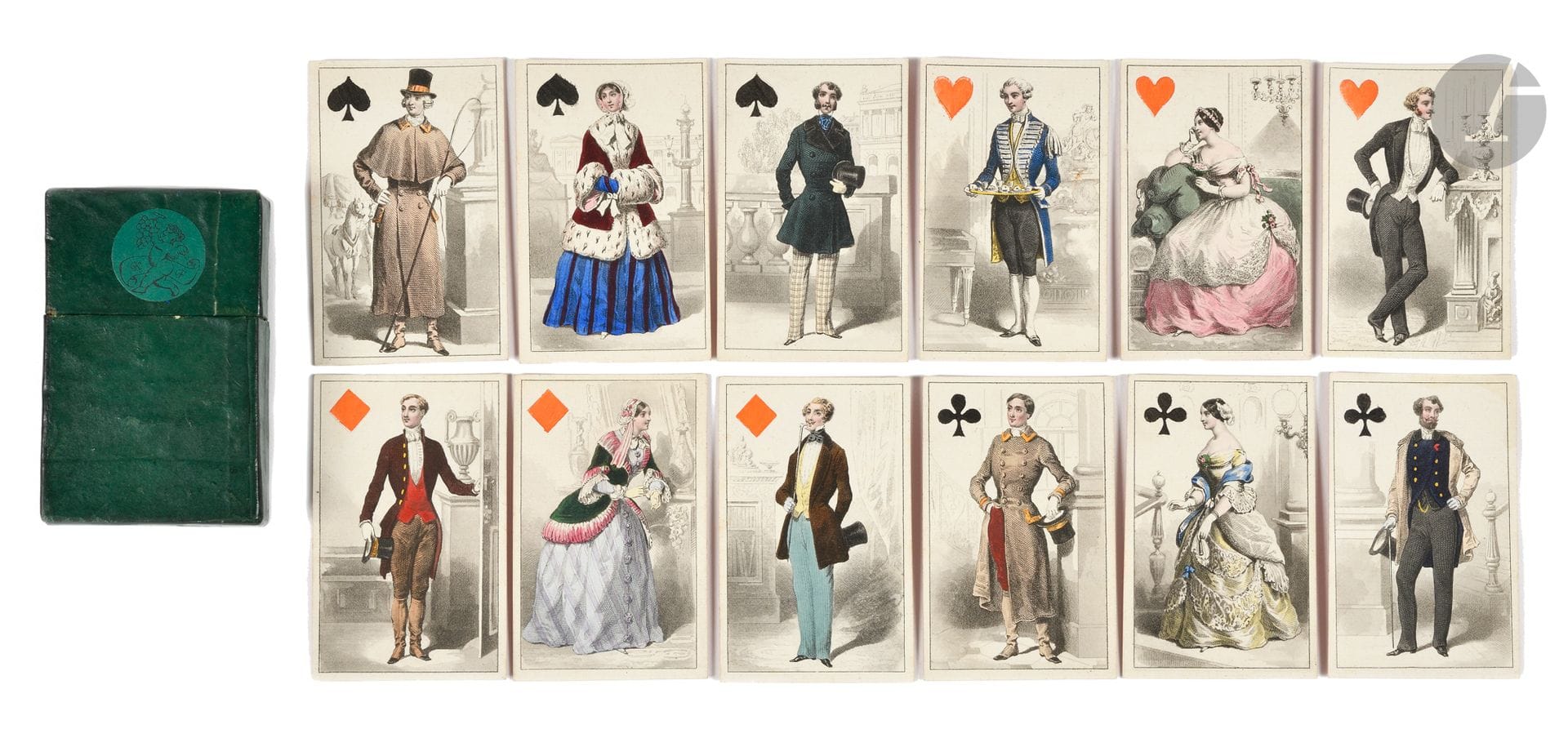 [PLAYING CARDS].
[DECK OF 52 CARDS]. ["Les Modes"].
S.l., 19th century. - 52 cards, 85 x 54, pink glossy paper back. Green paper-covered slipcase.

Same classic 52-card deck as the previous two.
The king is not differentiated by a crown; the housekeeper is recognized.
A fine copy.
