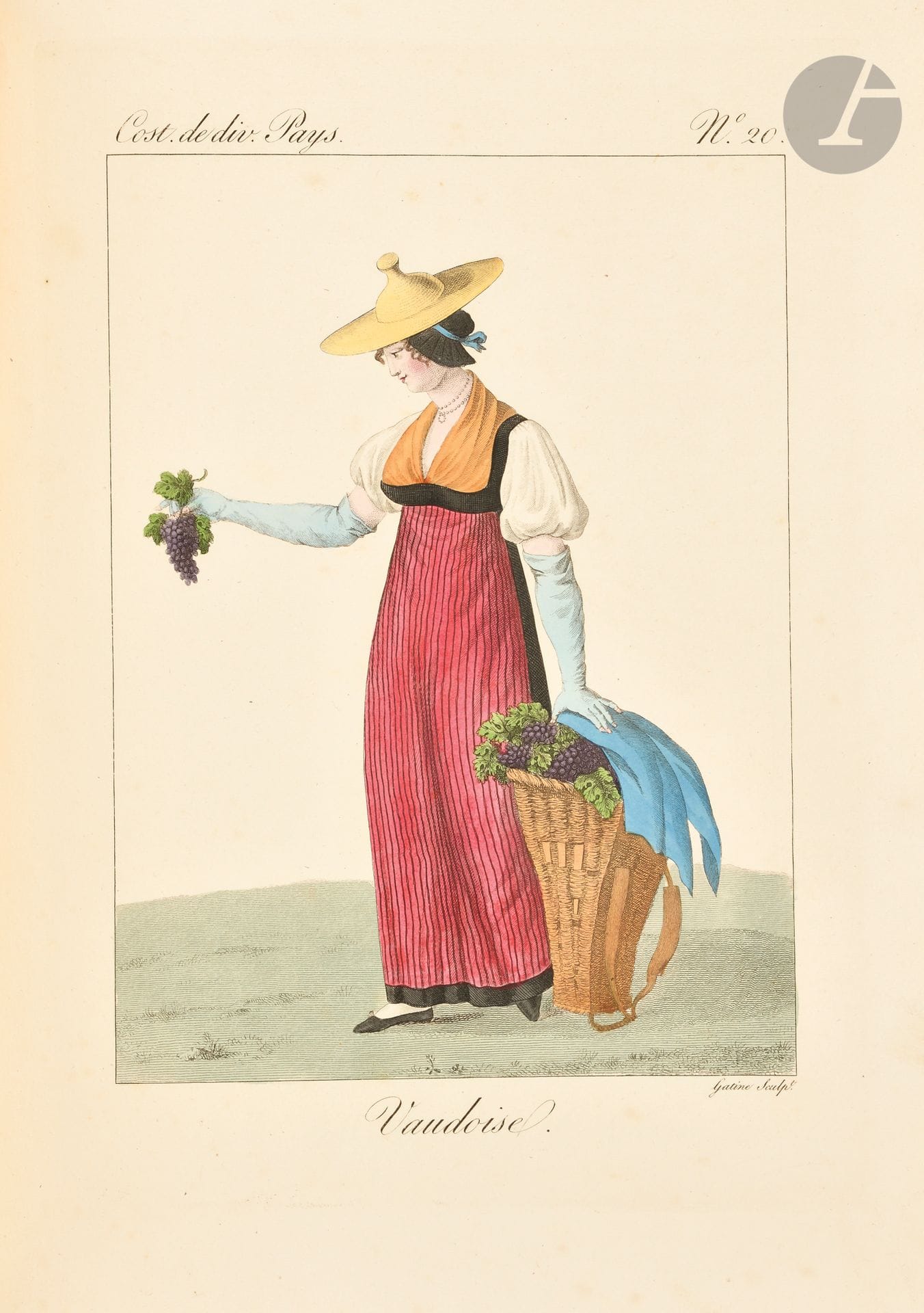 LA MÉSANGÈRE (Pierre de).
Costumes des femmes de Hambourg, du Tyrol, de la Hollande, de la Suisse, de la Franconie, de l’Espagne, du royaume de Naples, etc.
Paris : chez l’éditeur, 1827. — In-folio, 352 x 255 : (2 ff.), 41 pp. mal chiffrées 37, 100 planches. Demi-veau rouge à coins, dos lisse orné en long d’une guirlande florale, triple filet doré en encadrement, titre doré en tête (reliure de l’époque).

Édition originale importante, illustrée de 100 belles planches de costumes, gravées sur cuivre par Georges-Jacques Gatine et coloriées à la main. Elles sont dessinées pour la plupart par Louis-Marie Lanté et Horace Vernet.

Le texte est une des dernières contributions du très influent Pierre de La Mésangère (1761-1831), directeur du Journal des Dames et des modes de 1799 à 1831. La Mésangère était l’initiateur de la plupart des publications concernant le costume, qui ont fait la renommée de Lanté et Gatine.

De la bibliothèque de Pierre Léandre de Mark-Tripoli (1770-1842), comte de Panisse- Passis. Général et homme politique, il fut conseiller général des Bouches-du-Rhône de 1823 à 1830 et Pair de France de 1827 à 1830.

Quelques frottements d’usage. Rousseurs éparses, touchant essentiellement les feuillets de texte.

Provenance :
Pierre Léandre de Mark-Tripoli, avec ex-libris.