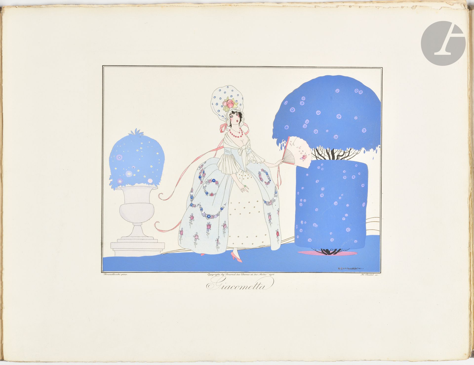 BRUNELLESCHI (Umberto).
Les Masques et les personnages de la Comédie Italienne.
Paris : Au bureau du Journal des Dames et des Modes, 1914. — Album in-folio oblong, 380 x  500 : (6 ff.), 12 planches, couverture illustrée. En feuilles, sous chemise cartonnée à rabats et étui de l’éditeur.

Superbe album célébrant les personnages de la Comédie Italienne, préfacé par Gérard d’Houville et comprenant 12 remarquables planches en couleurs d’Umberto BRUNELLESCHI, représentant Arlequin, le docteur Ballanzone, Brighella, Coralline, Florindo, Giacometta, Mezzetin et Colombine, Pantalon, Rosaura, Scaramouche, Tartaglia, et Trivellino.

Tirage à 415 exemplaires, celui-ci étant l’un des 400 sur grand vélin d’Arches à la forme (n° 285).

Exemplaire bien conservé, complet de la chemise et de l’étui.

Restauration à la charnière intérieure des rabats de la chemise, rubans renouvelés. Pliures à la couverture.