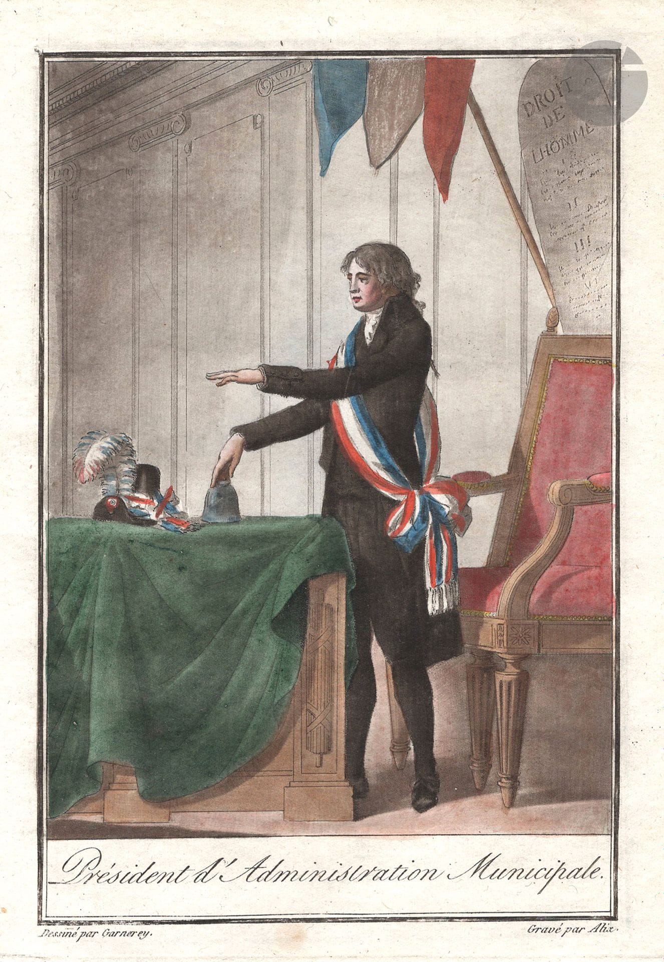 [GARNERAY (Jean-François)].
Collection des nouveaux costumes des autorités constituées, civils et militaires : costumes des législateurs et autres fonctionnaires publics.
[Paris : Imprimerie de Boiste, 1796]. — In-4, 300 x 230 : 26 planches. Veau marbré et glacé, large encadrement de roulettes et filets dorés sur les plats, quatre-feuilles à fond criblé dorés dans les angles, dos lisse orné, roulette dorée intérieure, non rogné, étui (P. Claessens fils).

Colas, n° 1181. - Glasser, pp. 153-154. - Roux, Inventaire du fonds français, graveurs du dix-huitième siècle, BNF, I, pp. 102-104.

Premier tirage de ces 26 planches gravées à la manière noire par Alix d’après Garneray et coloriées. Elles représentent les tenues officielles du directoire : membre du directoire exécutif en grand costume, ministre, messager d’État, juges, agent des colonies, président d’administration municipale, général en chef, commissaire ordonnateur des guerres, etc.

Dix premières planches avaient paru en janvier 1796 suivies de 16 autres, dont les costumes militaires, en mai de la même année. Cette suite intéressante est proche de celle de Grasset de Saint-Sauveur dessinée à la même période. Les costumes des « autorités constituées » avaient été fixés par le décret du 3 brumaire an IV (25 octobre 1795).

Manque les deux feuillets de description. L’ordre des planches ne suit pas celui donné par les bibliographies.

Quelques rousseurs éparses, petits manques de papier restaurés en marge de quelques planches.

Provenance :
M. Van Nieuwenhuyse, avec ex-libris. - Ex-libris non identifié.