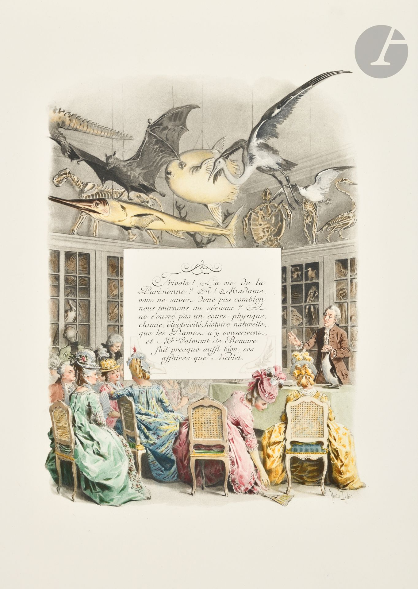 LELOIR (Maurice).
Une femme de qualité au siècle passé.
Paris. : Jean Boussod, Manzi, Joyant & Cie, 1899. — In-folio, 392 x 295. Maroquin bleu marine, décor à la Du Seuil doré sur les plats, dos à nerfs orné, cadre intérieur de même maroquin orné de filets et fleurons d’angle dorés, doublure et gardes de moire bleue, doubles gardes, tranches dorées, couvertures conservées, étui bordé (Ch. Septier).

Superbe édition tirée à 200 exemplaires, ornée de 87 compositions en couleurs d’après les délicates aquarelles du peintre et collectionneur Maurice LELOIR (1853-1940).

Selon Carteret, il s’agit de l’ « une des meilleures illustrations de Maurice Leloir. Ces compositions représentent la femme de qualité au XVIIIe siècle, depuis son réveil jusqu’à son coucher, en des scènes gracieuses et fidèles constituant une remarquable documentation sur le XVIIIe siècle, au point de vue des costumes comme de l’ameublement et de la décoration ; le texte gravé est entouré de très intéressantes compositions ».

Leloir avait créé en 1907 la Société de l’Histoire du costume, dans le but notamment d’offrir à la ville de Paris un Musée du costume qui ne vit le jour qu’après sa mort (aujourd’hui le Palais Galliera).

Superbe exemplaire relié par Charles Septier, entièrement monté sur onglets. Il porte le numéro 78.


Provenance :
Robert Beauvillain, avec ex-libris (vente 5 juin 2020, n° 244).