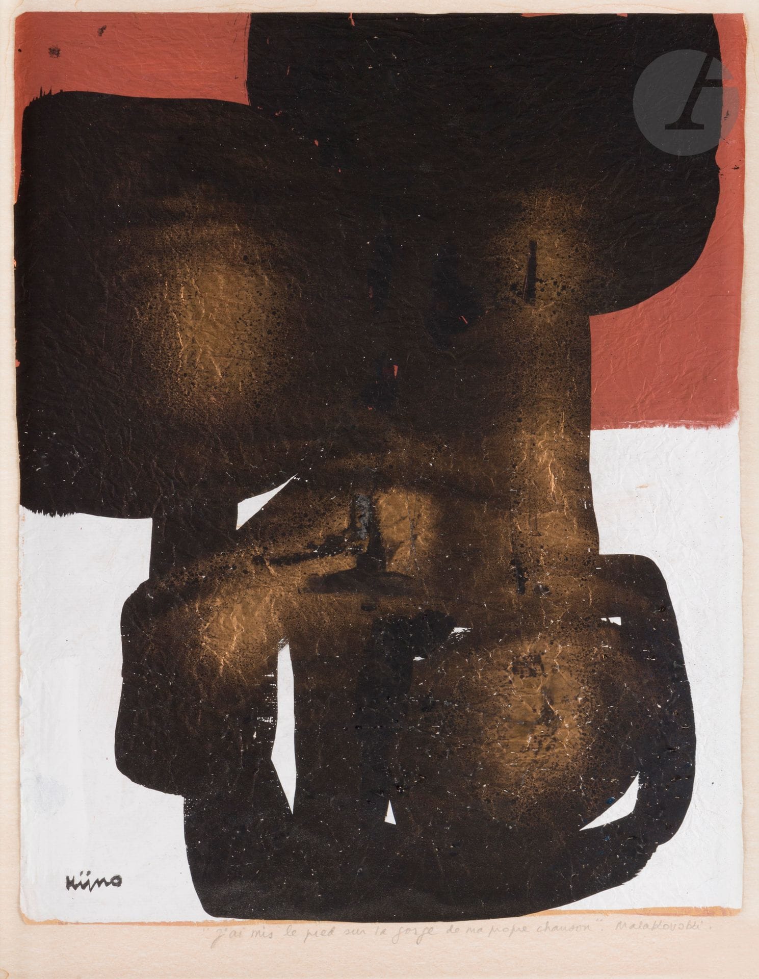 Ladislas KIJNO (1921-2012)
J'ai mis le pied sur la gorge de ma propre chanson
Technique mixte sur papier froissé.
Signée en bas à gauche.
Annotée en pied sur le montage.
58,5 x 46,5 cm