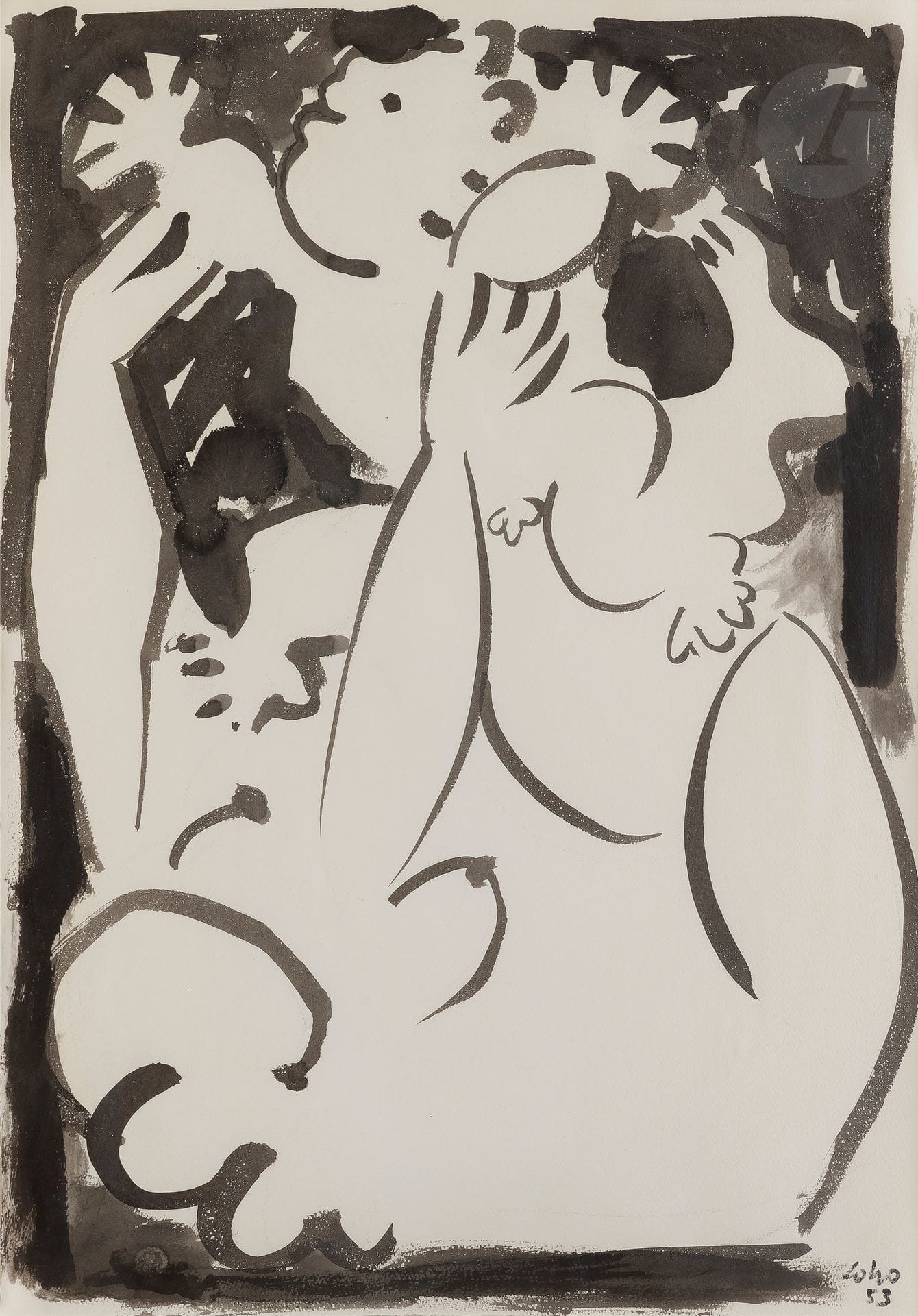 Baltasar LOBO CASUERO [espagnol] (1910-1993)
Femme soulevant son enfant, 1953
Lavis d'encre.
Signé et daté en bas à droite.
53 x 37,5 cm

Bibliographie : 
Joseph-Émile Muller, Lobo, Catalogue Raisonné de l'œuvre sculpté, Paris, La Bibliothèque des Arts, une œuvre similaire reproduite p. 21.