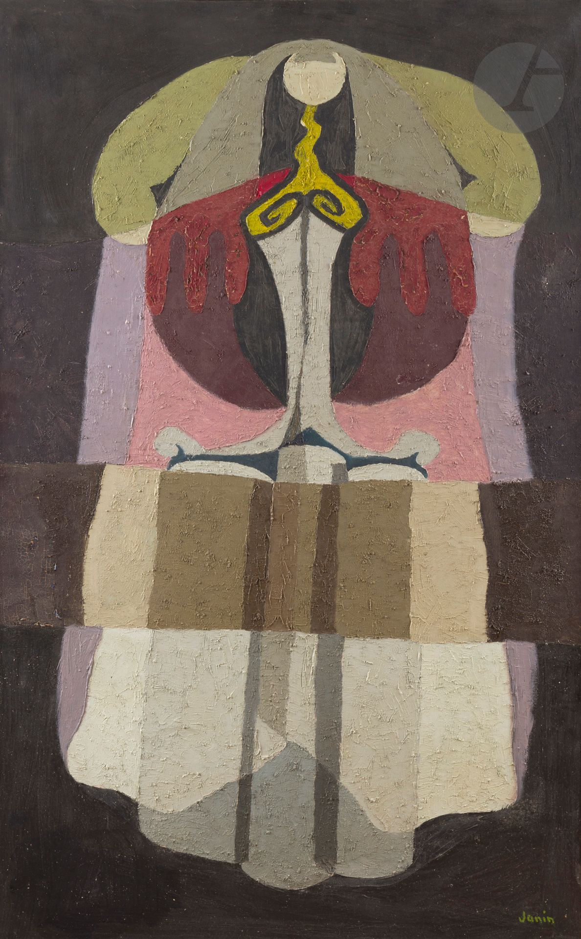 Louise JANIN (1892-1997)
The Nymph
Oil on canvas.
Signed lower right.
(Minor damage).
116 x 73 cm

Exhibition : 
Salon des indépendants, section Musicalistes - Abstraits - Non figuratifs (label on stretcher).