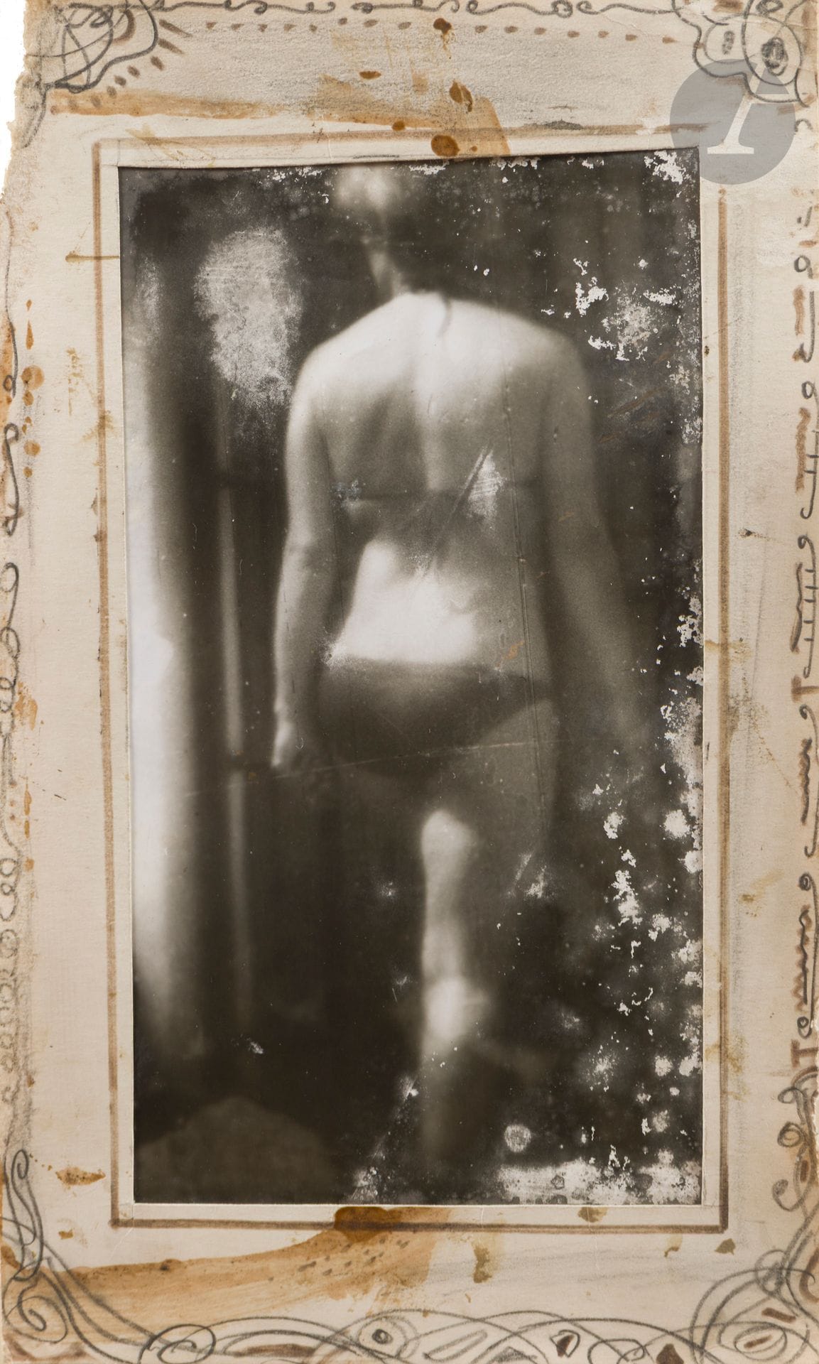Miroslav Tichy (1926-2011)
Untitled [Woman with bathing suit from behind], c. 1960-1970. 
Vintage silver print, mounted on cardboard drawn by the photographer. Tichy Ocean Foundation label with inventory number "5-10-160" on verso of frame. A certificate of authenticity from the Tichy Ocean Foundation accompanies the work. 
Print: 22.5 x 12.5 cm - Mounting: 30 x 18 cm - frame 

Provenance : 
Private collection, Paris.