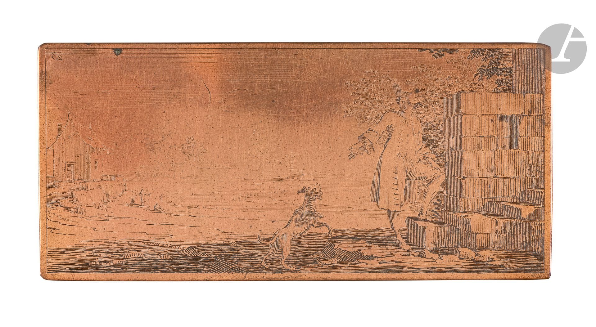 Sébastien Leclerc (1637-1714)
A young man and a dog at the foot of a staircase. (Pl. 23 of the suite Diverses suites de figures, chevaux et paysages dessinées et gravées par Le Clerc pour l'instruction de M. le Duc de Bourgogne [Louis de France, grandson of Louis XIV]). Circa 1690. etched copper. 159 x 72. Préaud 1164. Rounded corners. Contained in an envelope bearing the printed subject.
Joint: a large lot of engravings by various artists (by Della Bella, S. Leclerc, P. Potter, I. Silvestre, after Teniers, etc.), including portraits of Mozart and Haydn. - including portraits of Mozart and Haydn). Modern (early 20th century) proofs on vellum or laid paper, contained in two folders.