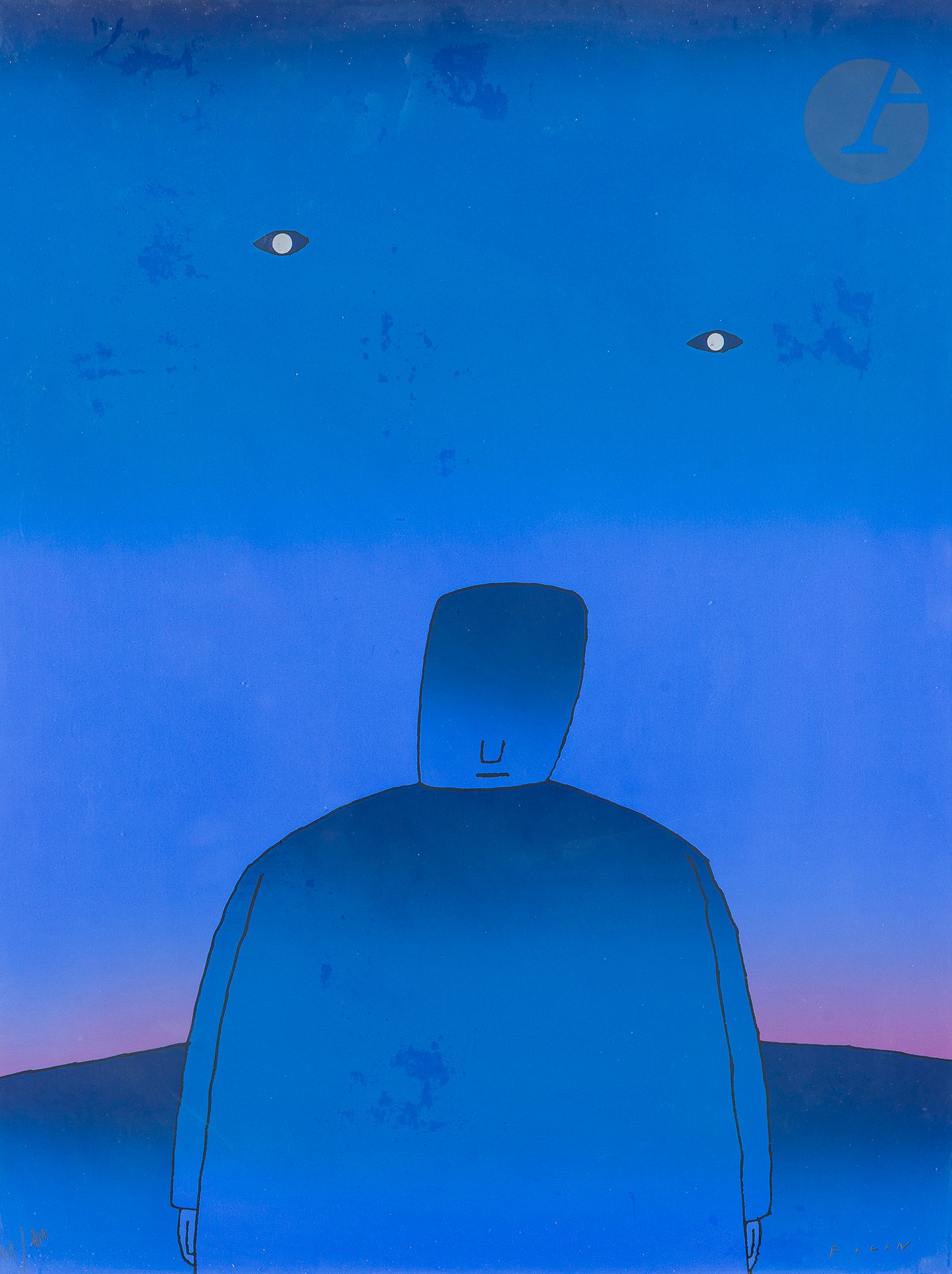 Jean-Michel Folon (1934-2005) 
Les Yeux en l’air. Vers 1970. Sérigraphie en couleurs (fond aluminium). À vue : 490 x 640. Bonne épreuve sur vélin fort, numérotée et signée au crayon. Petites taches en surface. Toutes marges. Tirage à 300 épreuves. Cadre (non examinée hors du cadre).