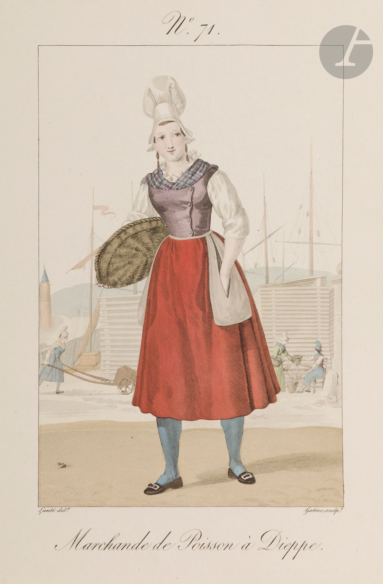 Costumes
Women's costumes from the Pays de Caux and several other parts of ancient Normandy. [Yvetot, Dieppe, Honfleur, Le Havre, Caen, Saint-Valéry-en-Caux, Cherbourg]. 1827. Engraved by Gatine after Lanté. Each [247 x 330]. Very fine proofs on ivory vellum, in fine contemporary colors, some slightly oxidized. Full margins. Set of 8 p.