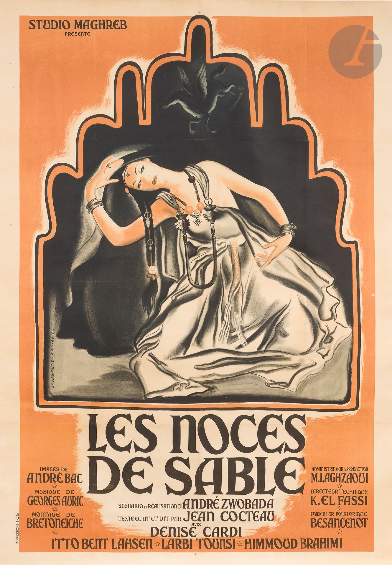Jean Fourastié (1944-1998) and Georges Allard (active in the 20th century)
Les Noces de Sable. 1948.
Poster for André Zwobada's film.
Color lithograph.
Imp. Fog.
Folded.
A few folds and scattered tears.
160 x 118 cm.