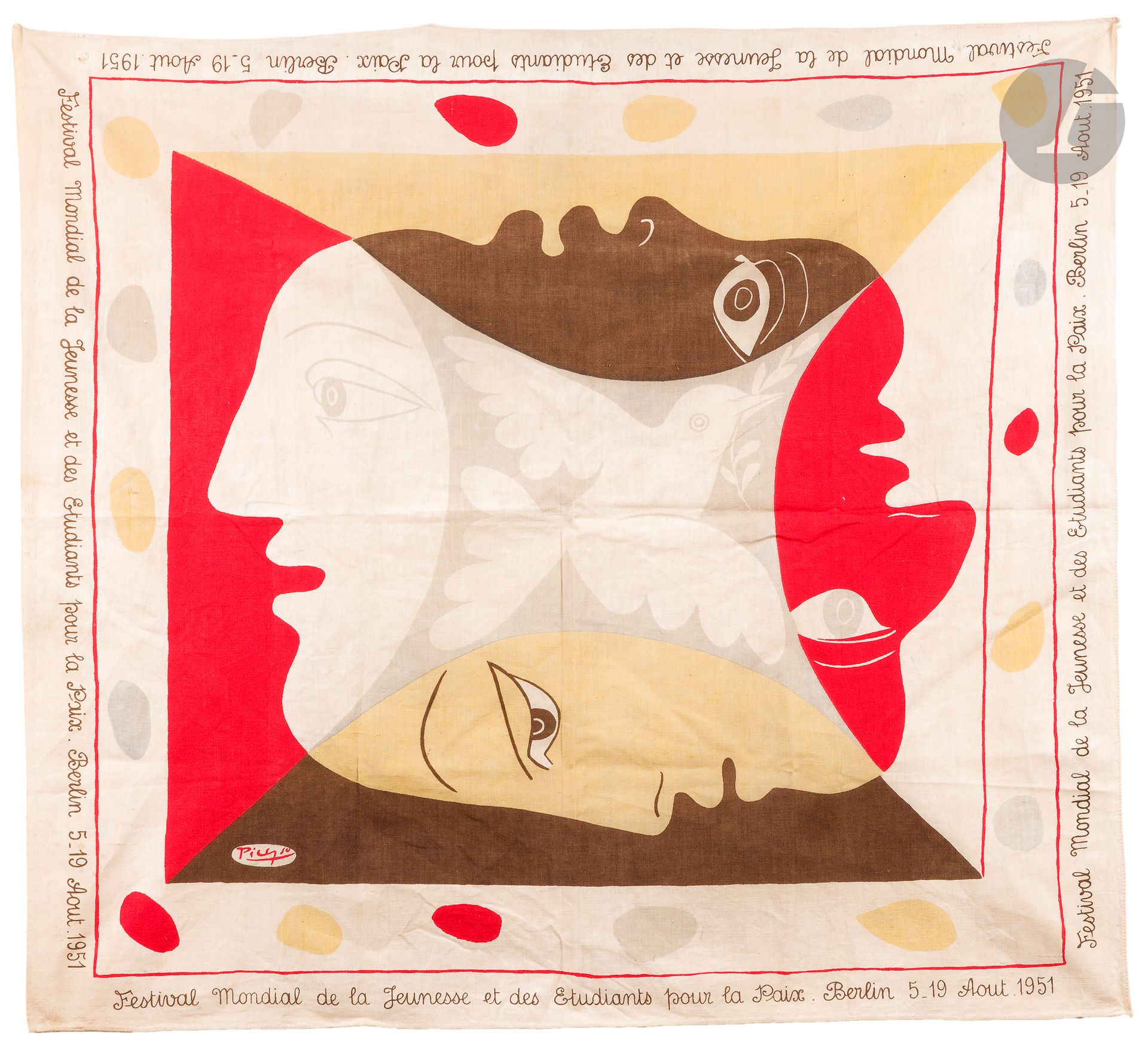 Pablo Picasso (1881-1973) (after) 
Scarf "World Festival of Youth and Students for Peace. Berlin August 5-19, 1951". Silkscreen on cotton. [800 x 725]. Small hole in one corner. Colors slightly faded.