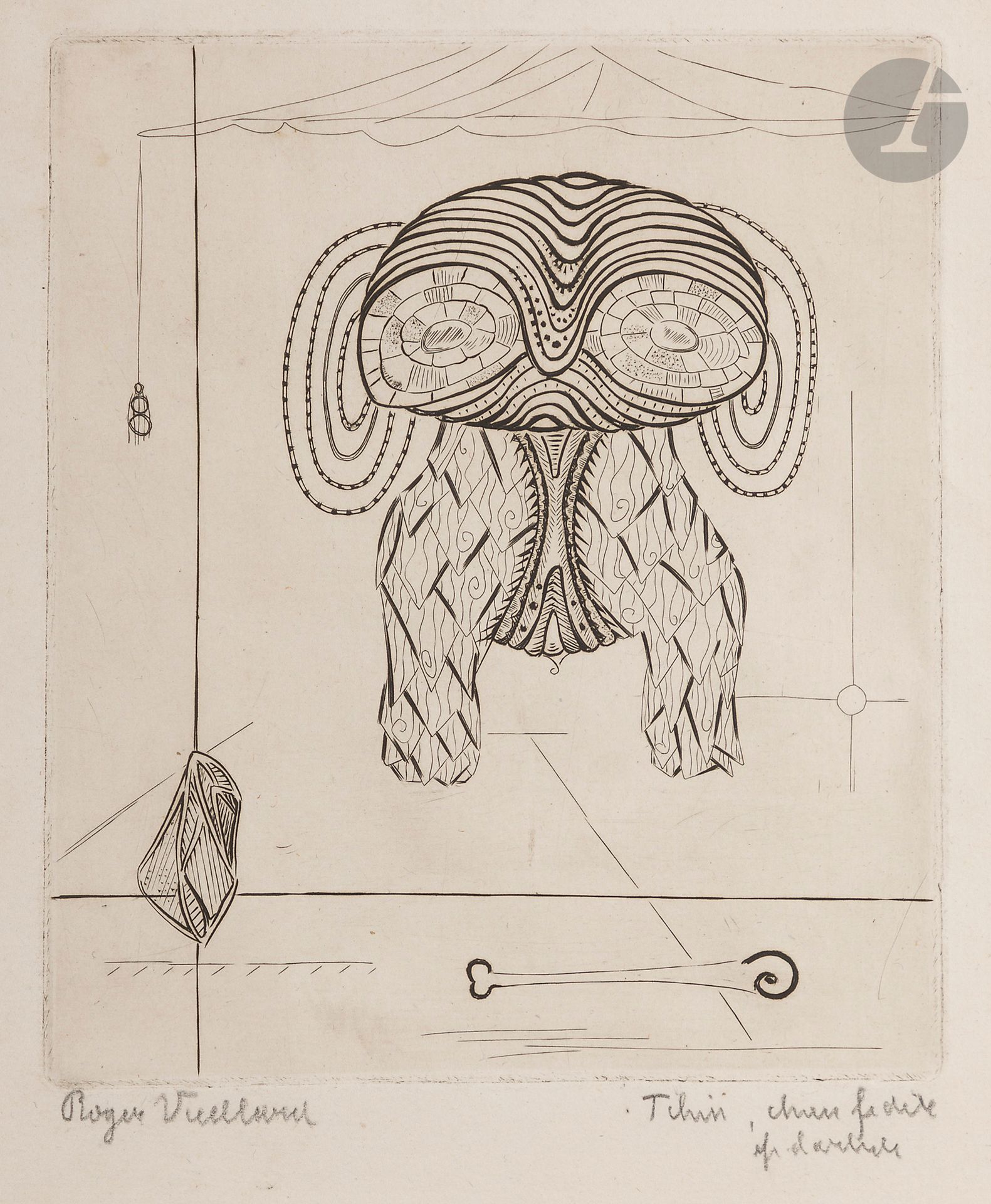 Roger Vieillard (1907-1989) 
Tchin chien fidèle. 1949-1950. Burin. 123 x 145. Guérin-Rault 201. Belle épreuve sur vergé, signée, titrée et annotée «ép. d’artiste». Large trace d’humidité au bord gauche. Toutes marges. Tirage à 40 épreuves.