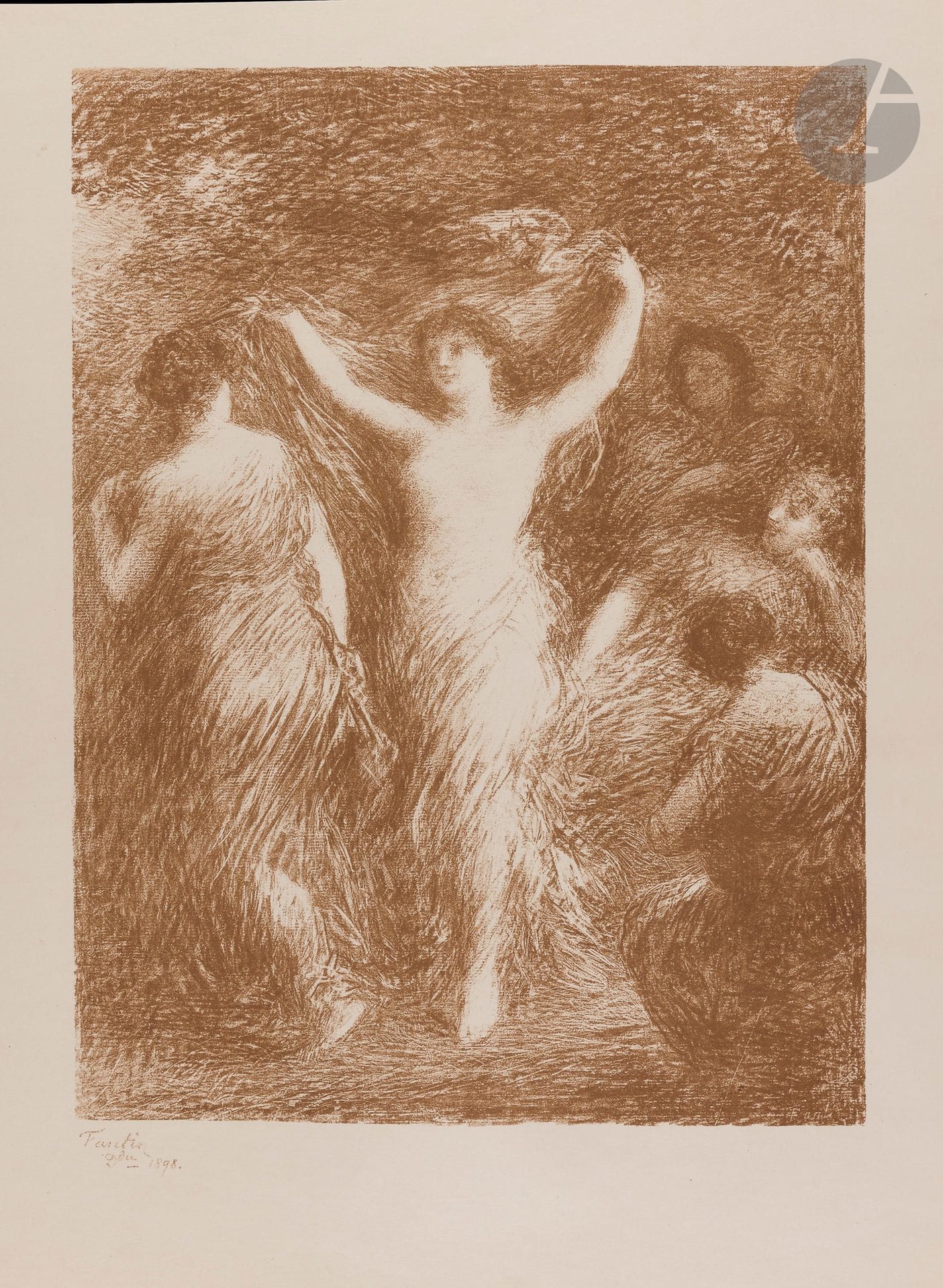 Henri Fantin-Latour (1836-1904)
Danses. 1897-1898. Autographie. 323 x 455. Hédiard-Mason 140 ; Johnson 41-3. Réunion de 3 très belles épreuves, une tirée en ocre sur japon, les deux autres en noir sur chine appliqué sur vélin blanc fort (l’une avec la pierre très montée). Petites rousseurs aux bords du feuillet à la 1re. Rousseurs, auréoles d’humidité et petites taches marginales aux deux dernières. Toutes marges. A. Vollard éd.