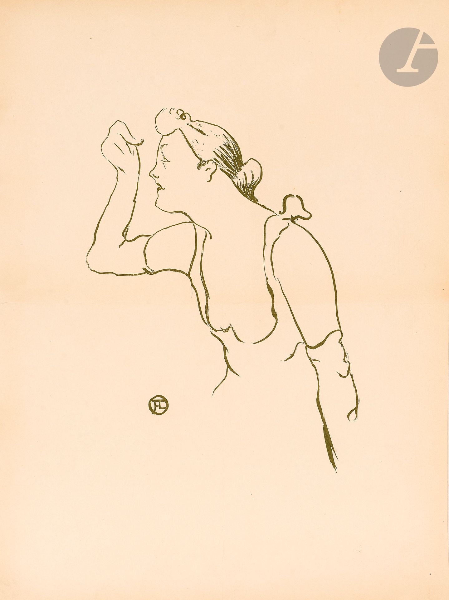 Henri de Toulouse-Lautrec (1864-1901) 
Paula Brébion. (Pl. pour Le Café-Concert). 1893. Lithographie. [315 x 435]. Delteil 30 ; Wittrock 20. Impression en vert olive. Belle épreuve sur vélin glacé ivoire, entoilée, conservée roulée. Fines traces de plis médians avec petites fractures. Toutes marges.