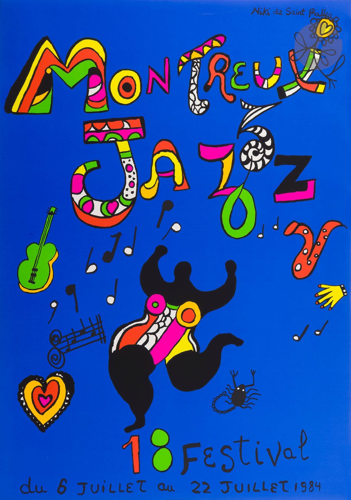 Niki de Saint-Phalle (1930-2002) 
Montreux Jazz 18th Festival. Affiche. 1984. Sérigraphie en couleurs. [700 x 1000]. Très belle épreuve sur vélin glacé. Petits accrocs et courts plis cassés au bord droit. Légère trace de frottement en surface en tête, visible à jour rasant. Toutes marges. 
Provenance : Collection Colette Creuzevault.