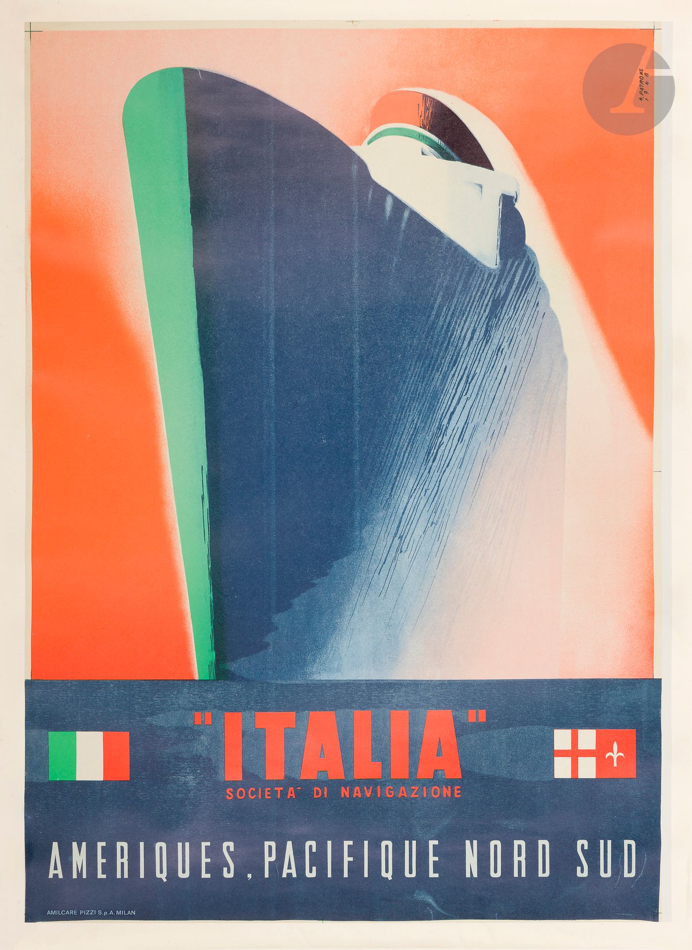 Giovanni Patrone (1904-1963)
Italia. Socetià di navigazione. Amériques, Pacifique Nord Sud. 1948. 
Lithographie en couleurs.
Imp. Amilcare Pizzi S.p.A., Milan.
Entoilée.
98 x 67 cm.
