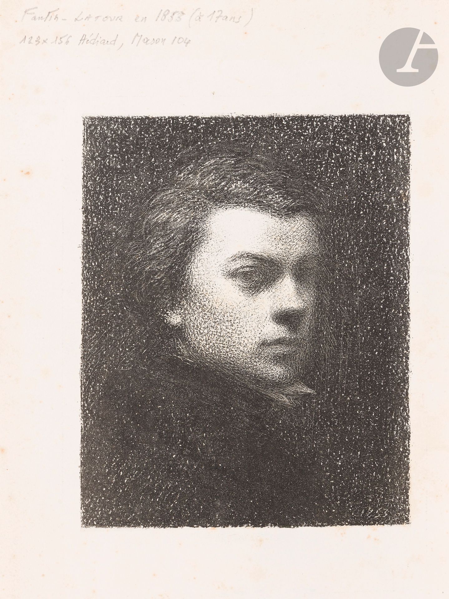 Henri Fantin-Latour (1836-1904) 
Portrait de M. Fantin à dix-sept ans. 1895. Lithographie. 123 x 156. Hédiard, Mason 104. Belle épreuve sur chine appliqué, du 3e état (sur 4), sans la lettre, du tirage de luxe à 60 épreuves pour L’Artiste (février 1895). Rousseurs claires éparses. Bonnes marges (réduites).