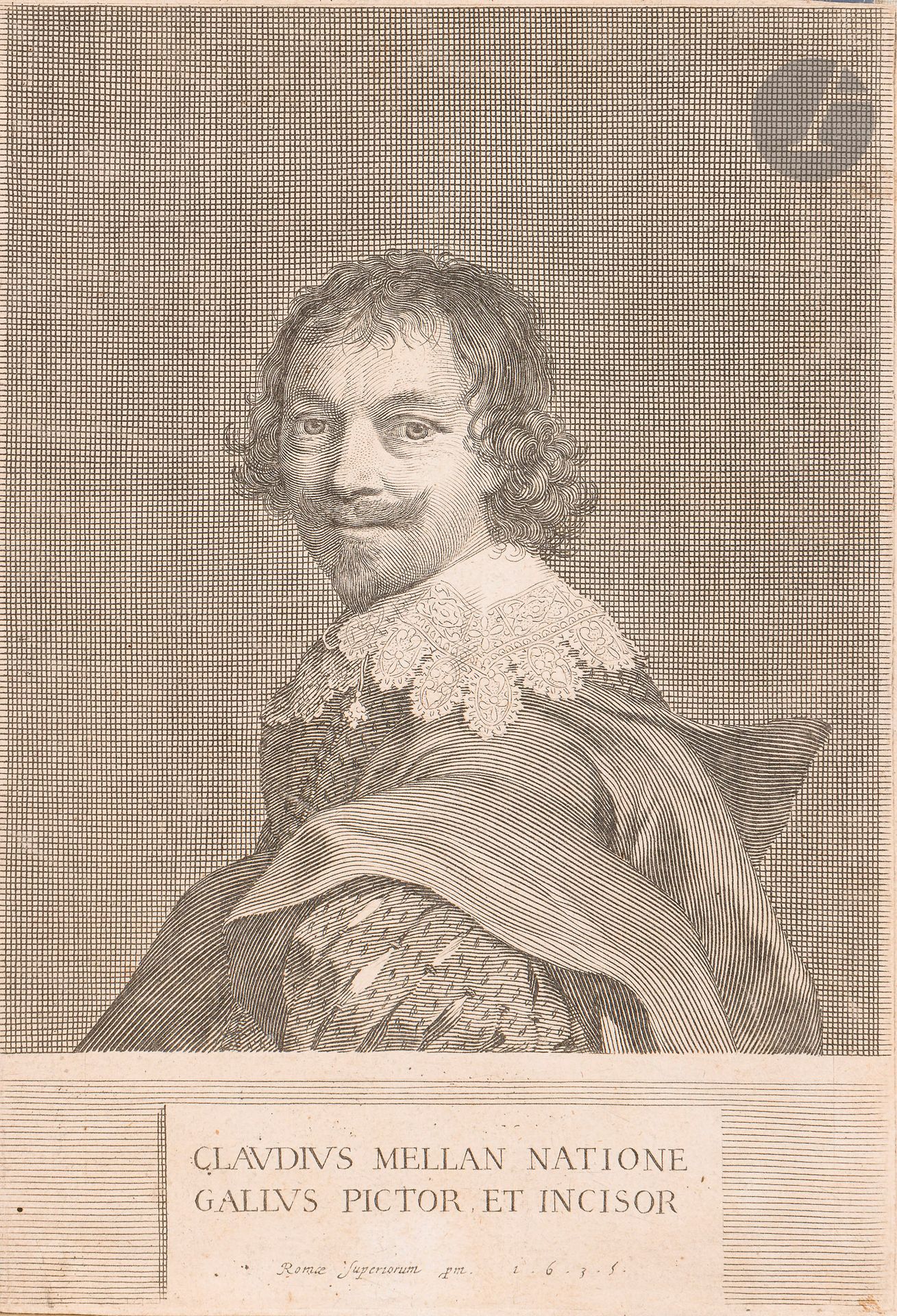 Claude Mellan (1601-1688)
Autoportrait. 1635. Burin. 152 x 222. Préaud 172. Belle épreuve sur vergé, du 1er état (sur 2), avant réduction du cuivre, rognée sur le coup de planche, oxydée. Fortes traces de colle sur le pourtour au verso.