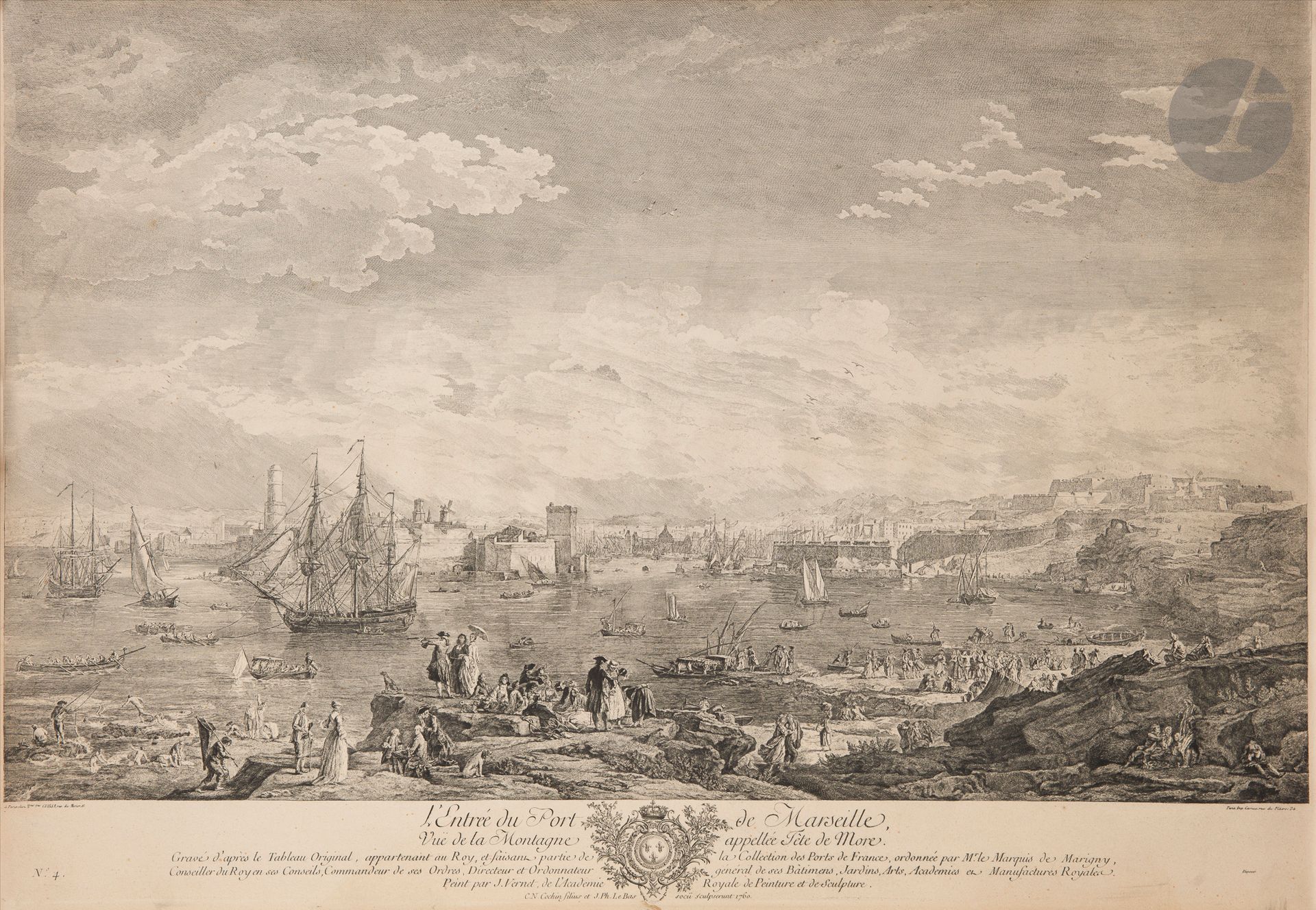 Joseph Vernet (1714-1789) (d’après) 
L’Entrée du Port de Marseille / Vue de la Montagne appellée Tête de More. 1760. Gravé par Cochin fils et Le Bas. [750 x 525]. Bonne épreuve sur vélin, en tirage du XIXe siècle à l’adresse de la veuve Cuissa, rognée au sujet en tête et à l’intérieur du coup de planche, oxydée.