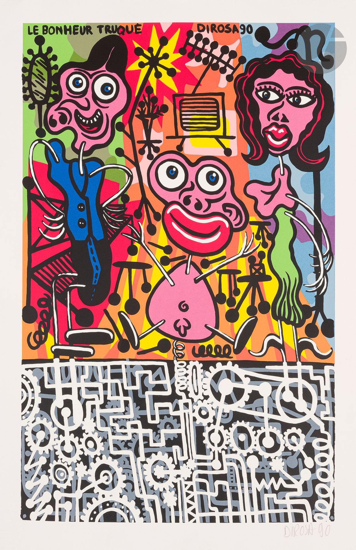 Hervé di Rosa (né en 1959)
Le Bonheur truqué. 1990. Lithographie. [560 x 755]. Impression en couleurs. Très belle épreuve sur vélin blanc fort, signée et datée au crayon. Courts plis de manipulation aux bords du feuillet. Toutes marges.