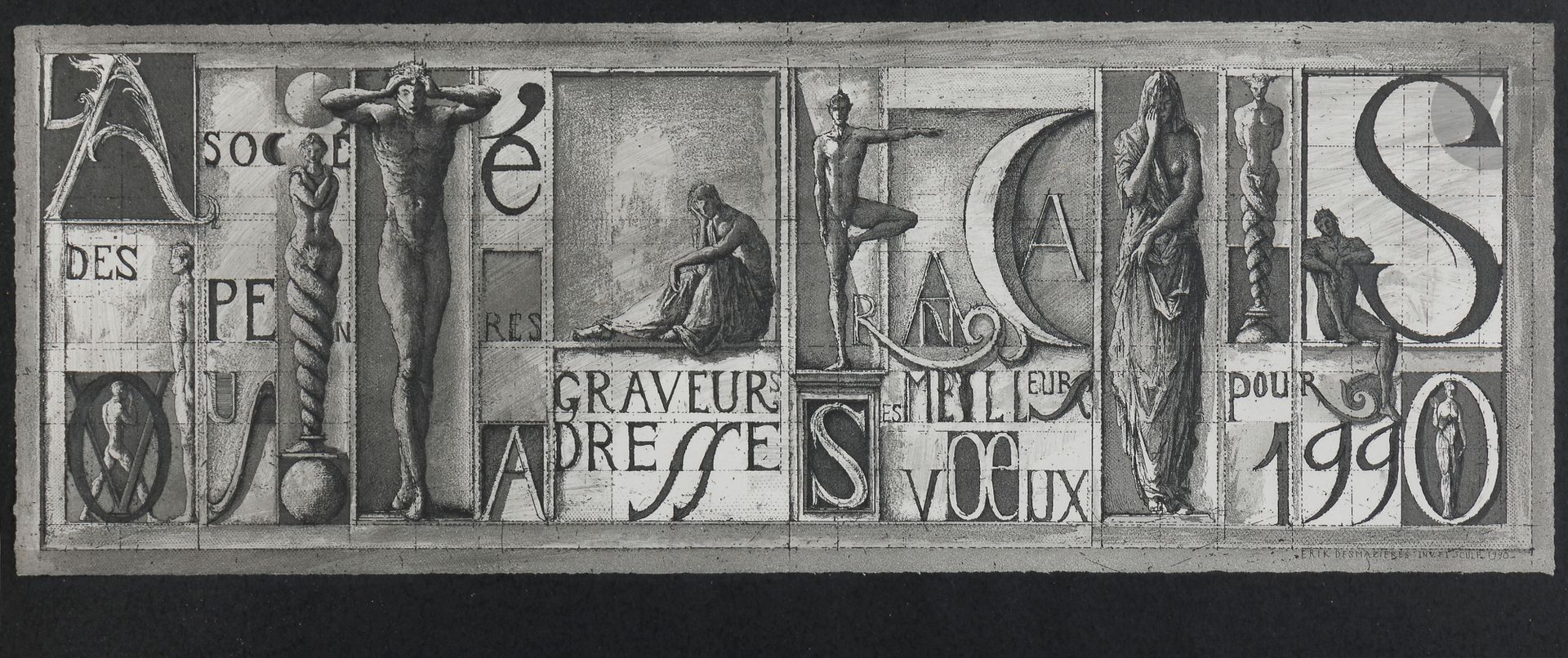 Érik Desmazières (né en 1948)
Carte de vœux pour les Peintres-Graveurs Français. 1990. Eau-forte, aquatinte et roulette. 460 x 160. Fitch-Febvrel 121. Très belle épreuve tirée pleines marges sur vélin. Tirage à 250 épreuves. Cadre (non examinée hors du cadre).