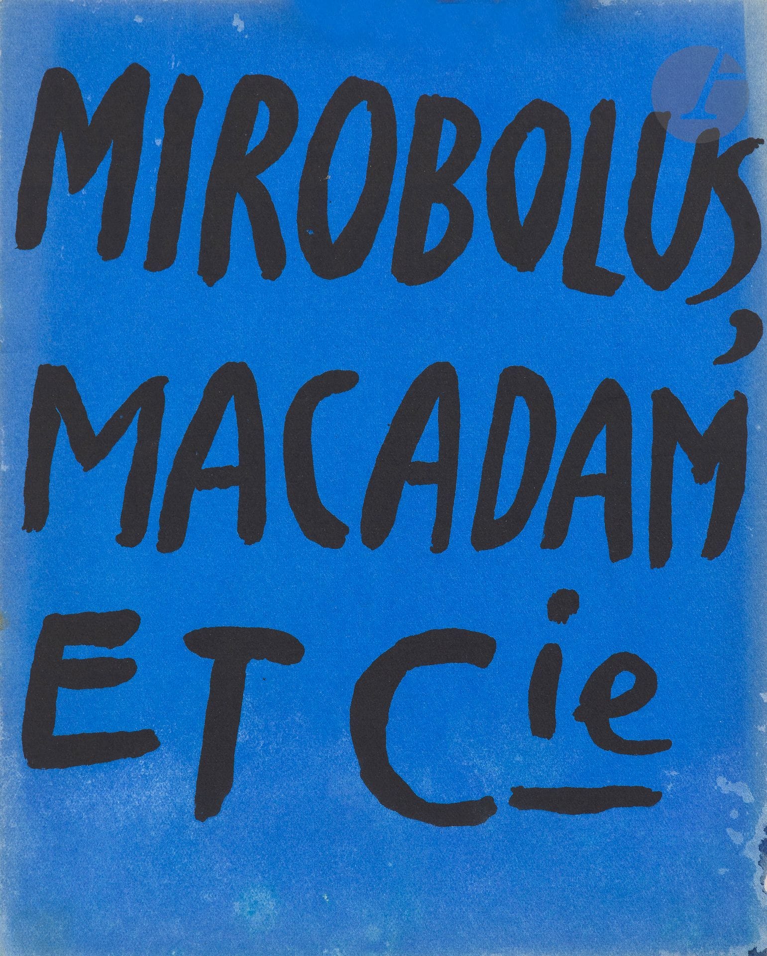 Jean Dubuffet (1901-1985)
Mirobolus, Macadam et Cie Hautes Pâtes par J Dubuffet. Catalogue de la 2e exposition de Jean Dubuffet chez René Drouin, du 3 mai au 1er juin 1946. Textes de Jean Dubuffet et Ernst Jünger. Paris, Galerie René Drouin, [1946]. Réunion de 6 vol. identiques in-8 carrés, agrafés, sous couverture bleue imprimée, non paginés, illustrations en noir. Agrafes rouillées, bords de la couverture effrangés par endroits. 
Provenance : Galerie René Drouin, Paris.