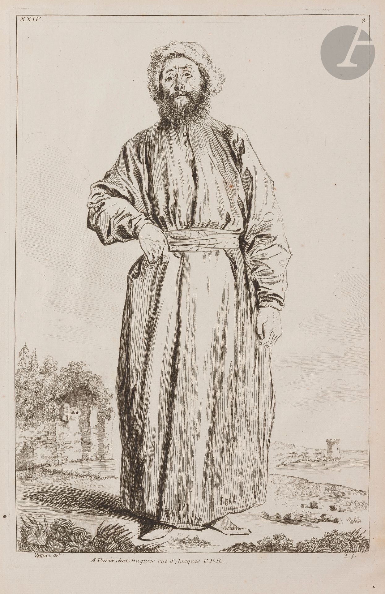 Jean-Antoine Watteau (1684-1721) (after)
Persian in profile; Man in oriental costume standing (Pl. des Figures de différents caractères). Etched by Boucher. 218x355 and 230x350. Goncourt 351 and 428. Very fine proofs on laid paper, the 1st of the 1st state (of 2) before the backgrounds and the number in Roman numerals, the 2nd slightly oxidized. Full margins. Set.2p.