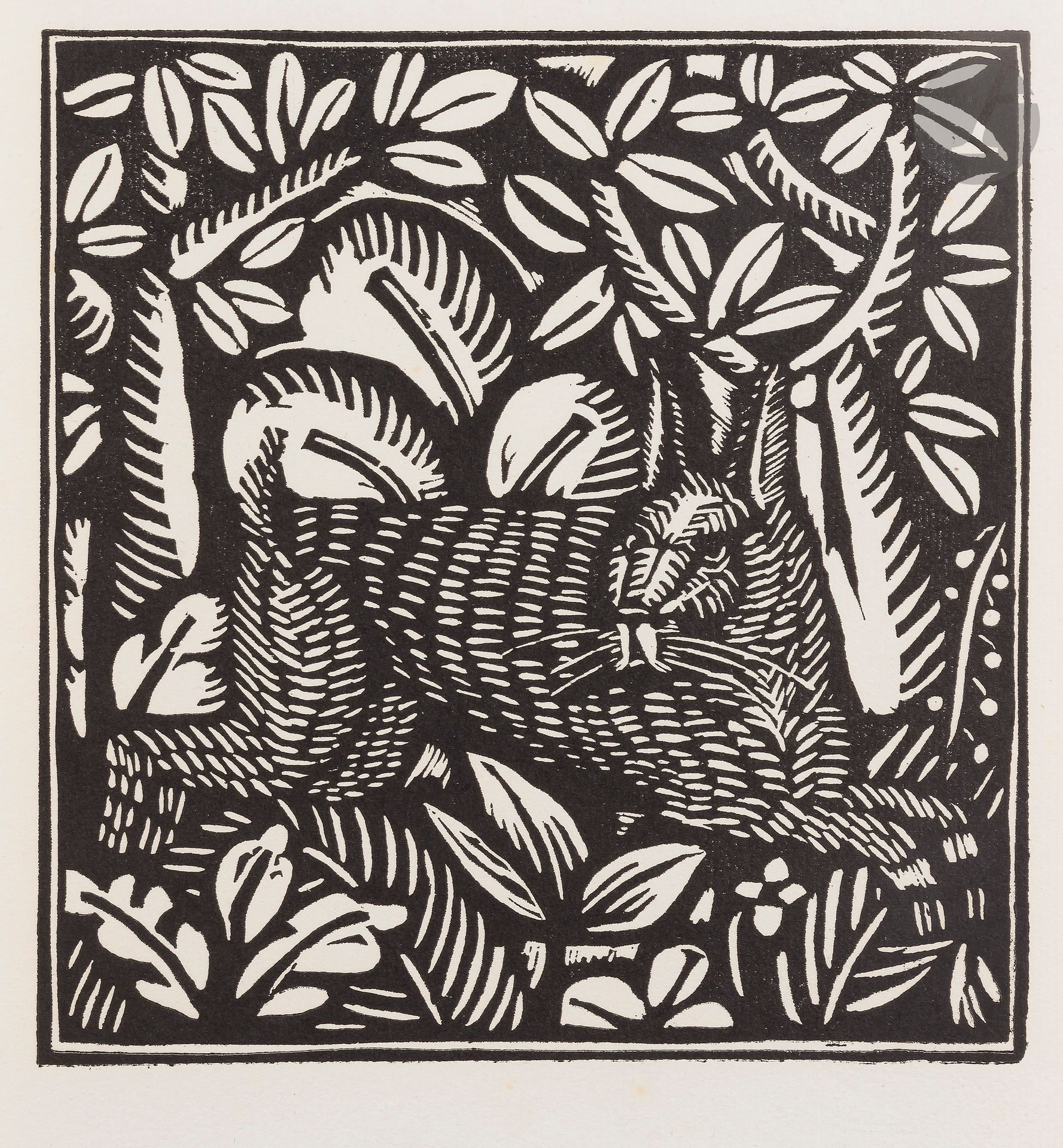 Raoul Dufy (1877-1953)
Le Lièvre. (Pl. envisagée pour G. Apollinaire, Le Bestiaire, ou Cortège d’Orphée,Paris, éd. Delaplanche, 1911, version non publiée). Bois gravé. 193x202. Très belle épreuve d’essai sur vergé de Montval. Infimes rousseurs aux bords du feuillet. Toutes marges.