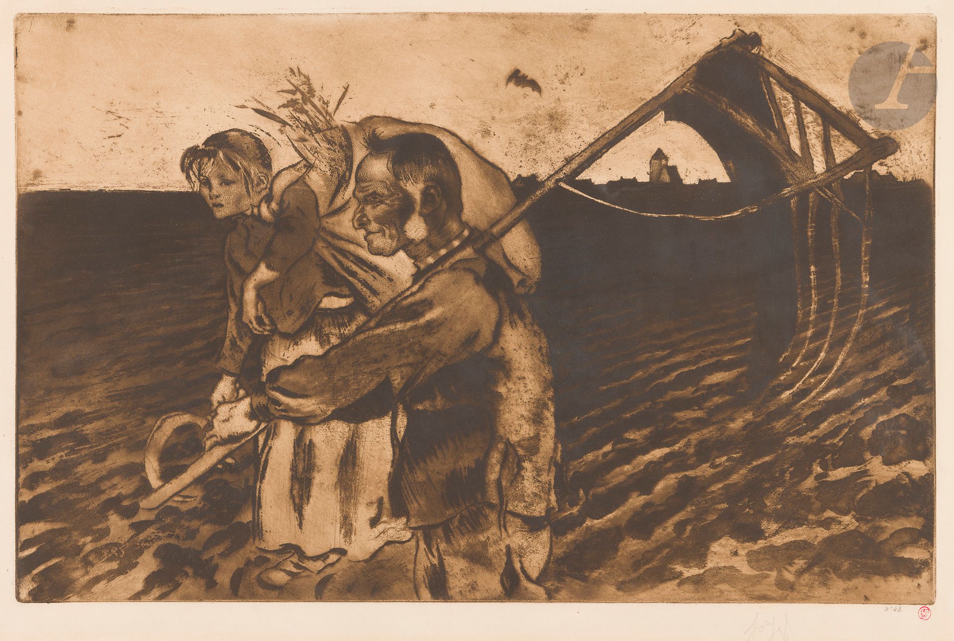 Louis Legrand (1863-1951) 
L’Heure de la chauve-souris. 1895. Eau-forte et aquatinte. 515 x 335. Arwas 101. Très belle épreuve tirée en brun sur vélin ivoire, du 2e état (sur 3), avant la remarque, signée au crayon puis numérotée et revêtue du timbre de l’éditeur G. Pellet (1193). Menus accidents et déchirures aux bords du feuillet. Toutes marges. Tirage à 50 épreuves.