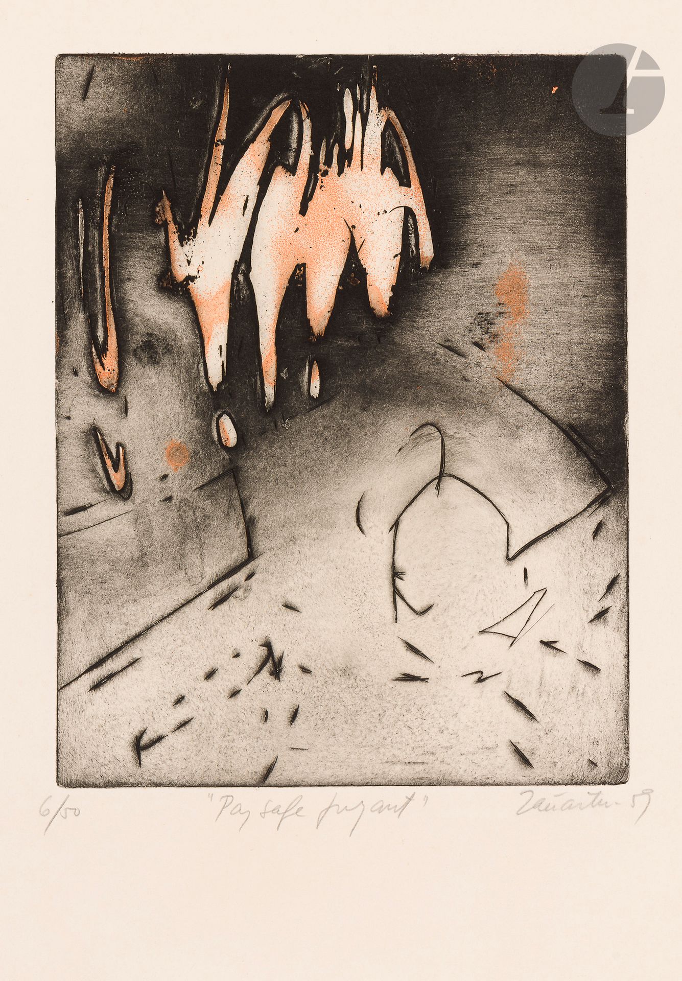 Enrique Zañartu (Chilean, 1921-2000) 
Fleeing landscape. 1959. Etching and aquatint. 240 x 310, printed in color. A very fine proof on ivory vellum, numbered, titled, signed and dated in pencil. Three tiny dents in the lower margin. All margins. Edition of 50 proofs.