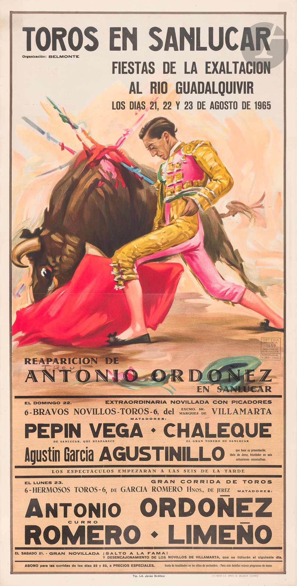 Juan Reus (1912-2003)
Toros en Sanlucar. Fiestas de la exaltacion al rio Guadalquivir. Los dias 21, 22, 23 de Augusto 1965.
Procédé photomécanique.
Imp. Ortega S.A., Valencia.
Cachet du dépôt légal.
Entoilée.
Pliure centrale horizontale.
107,5 x 54 cm.