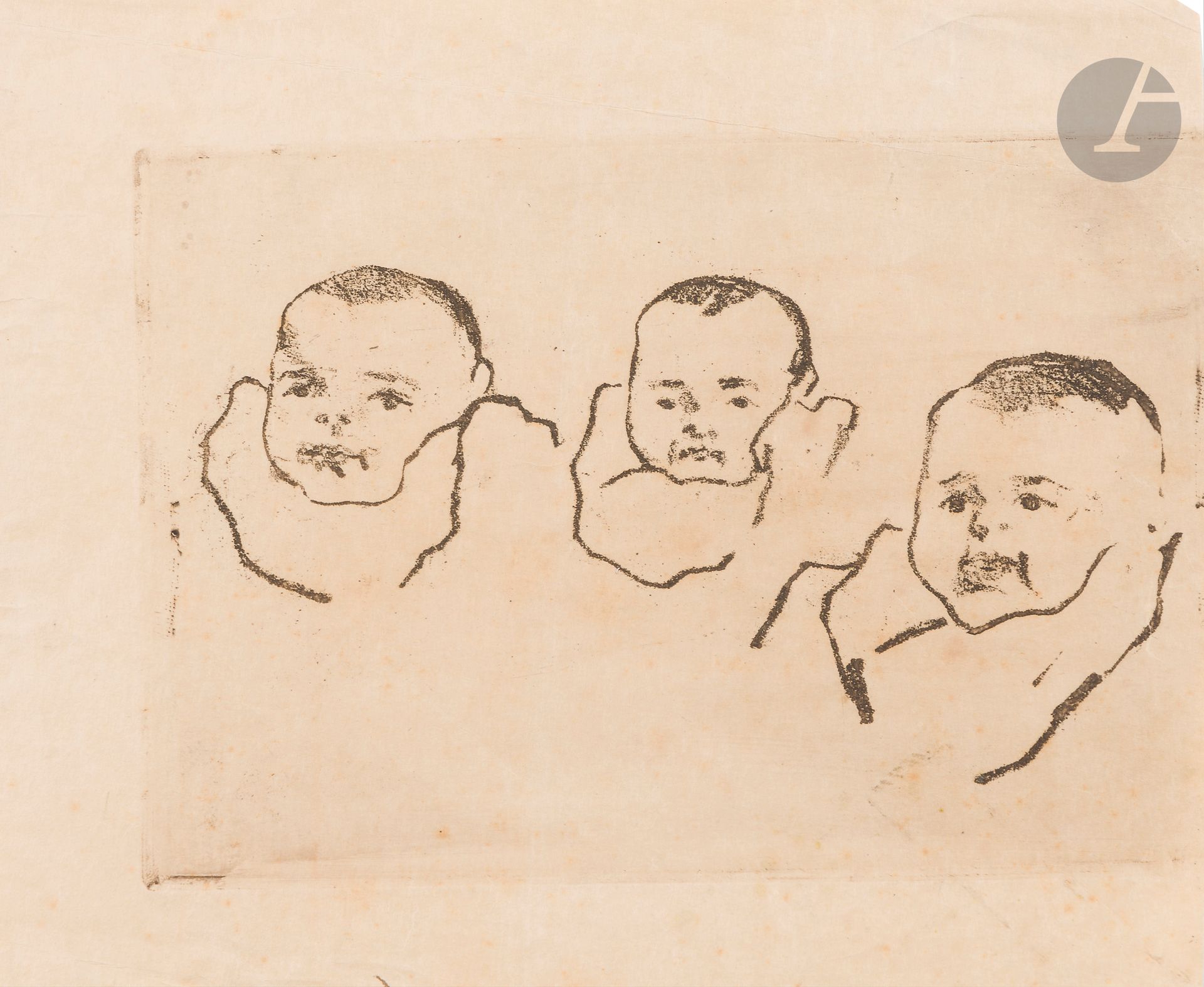 Marie Gautier (1867-1960)
Three studies of an infant's head. 1897. Soft varnish. 200 x 160, printed in bistre brown. Proof printed on a thin vellum sheet bearing a fragment (two other head studies) from another plate, signed in pencil and titled "Andrée" [daughter of the artist]. Traces of folds. Full margins. Joint: 1) same subject. Two variants, one in black on japon mince, the other in sanguine on japon vergé, carefully lined on japon mince, with additional head study printed at the foot, titled and signed in pencil, upper corners redone. Light foxing. Full margins. 2) Young violinist. Soft varnish. [175 x 270]. Printed in bistre. Good proof on japon vergé, signed in pencil. Broken folds at upper left edge of folio. Small irregular margins. Set of 4 p.