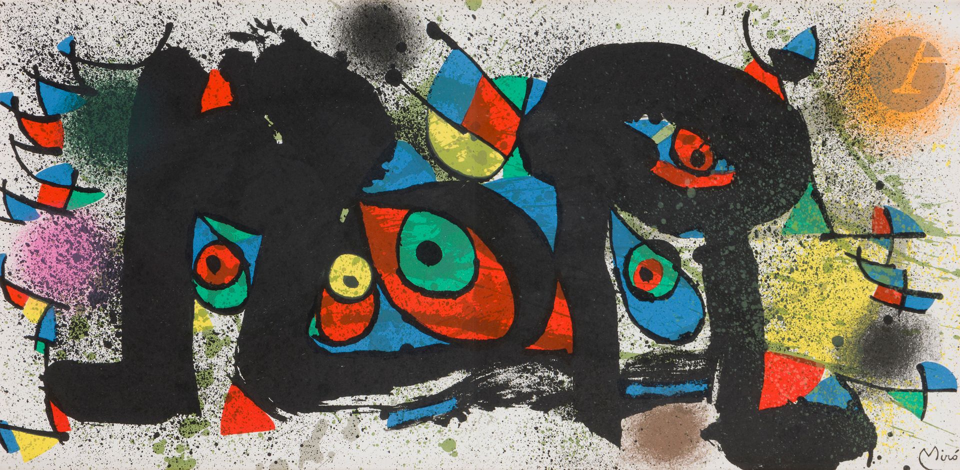 Joan Miró (1893-1983) 
Sculptures I. 1974. Lithographie. À vue : 550 x 268. Maeght 948; Cramer 181. Impression en couleurs. Belle épreuve sur vélin, avec pli central vertical médian normal. Maeght éd. Cadre (non examinée hors du cadre).