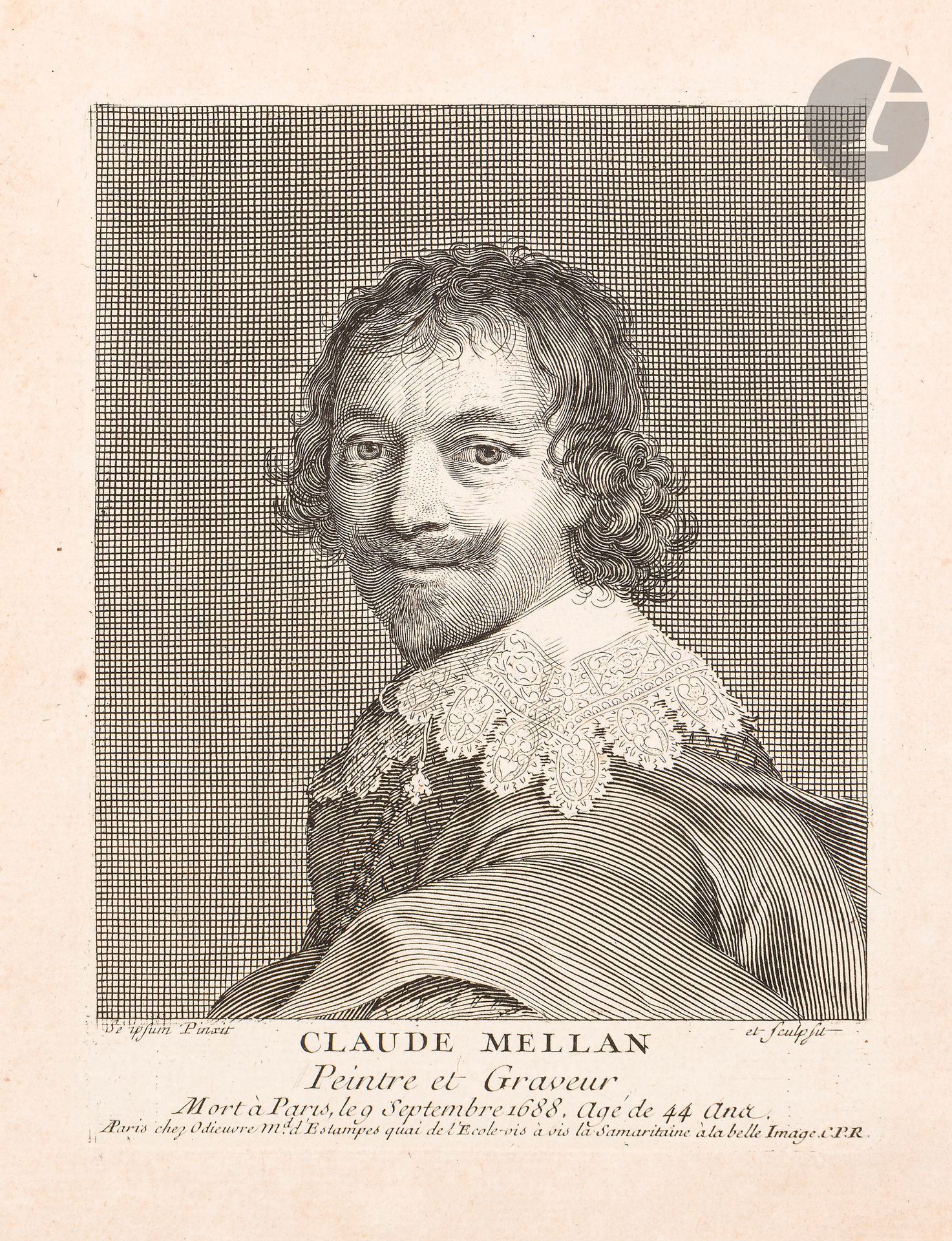Claude Mellan (1601-1688)
Self-portrait. 1635. Burin. 116 x 152. Préaud 172. Fine proof on laid paper, of the 2nd state (of 2), the reduced copper, the modified letter, addressed to Odieuvre (after 1688), published inL'Europe illustre. Slight oxidation of the folio. Good margins.