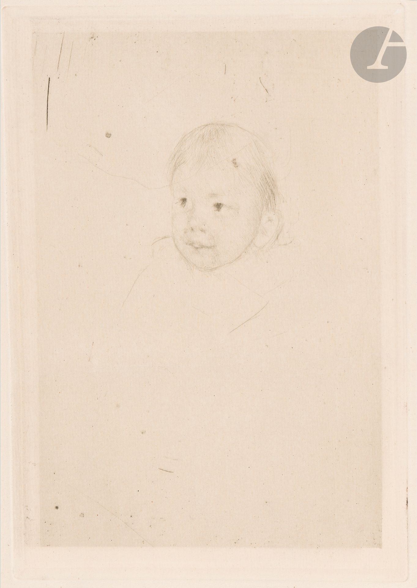 Mary Cassatt (1844-1926)
Head of a Child. Vers 1890-1900. Pointe sèche. 115 x 160. Breeskin non décrit. Belle épreuve sur vergé ivoire filigrané «Van Gelder Zonen». La marge supérieure rempliée à 60 mm du bord. Traces d’oxydation et d’empoussiérage aux bords du feuillet. Toutes marges non ébarbées.