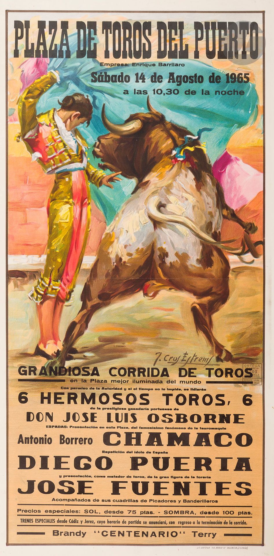 José Cros Estrems (1918-2007)
Plaza de toros del Puerto. Sabado 14 de Augusto de 1965.
Lithographie en couleurs.
Imp. Ortega, Valencia.
Cachet du dépôt légal.
Entoilée.
107 x 54 cm.