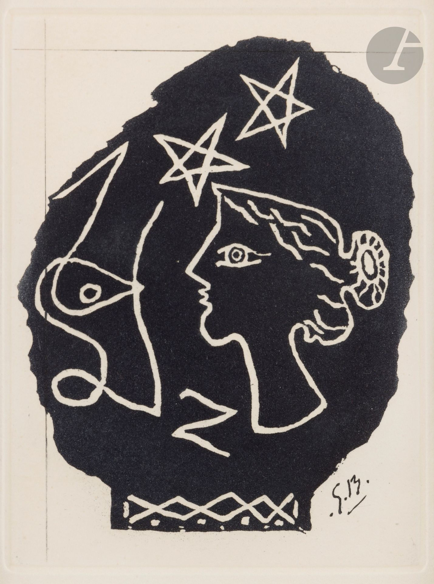 Georges Braque (1882-1963) (d’après) 
Femme de profil. 1947. Aquatinte. À vue : 135 x 185. Belle épreuve sur vélin blanc, tirée sur le cuivre biffé. Cadre (non examinée hors du cadre). 
Ce sujet, avant biffure du cuivre, est paru dans l’album Du Cubisme, textes de A. Gleizes et J. Metzinger, Paris, R. Girard & Cie pour la Compagnie Française des Arts Graphiques, 1947.