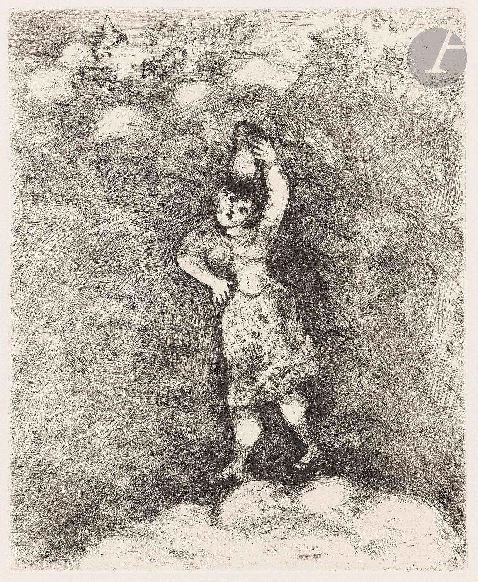 Marc Chagall (1887-1985)
La Laitière et le pot au lait. (Pl. 75 pour les Fables de La Fontaine, Paris, Tériade, 1952). Eau-forte. 235 x 292. Cramer 22. Très belle épreuve sur vélin filigrané «bfk rives». Toutes marges.