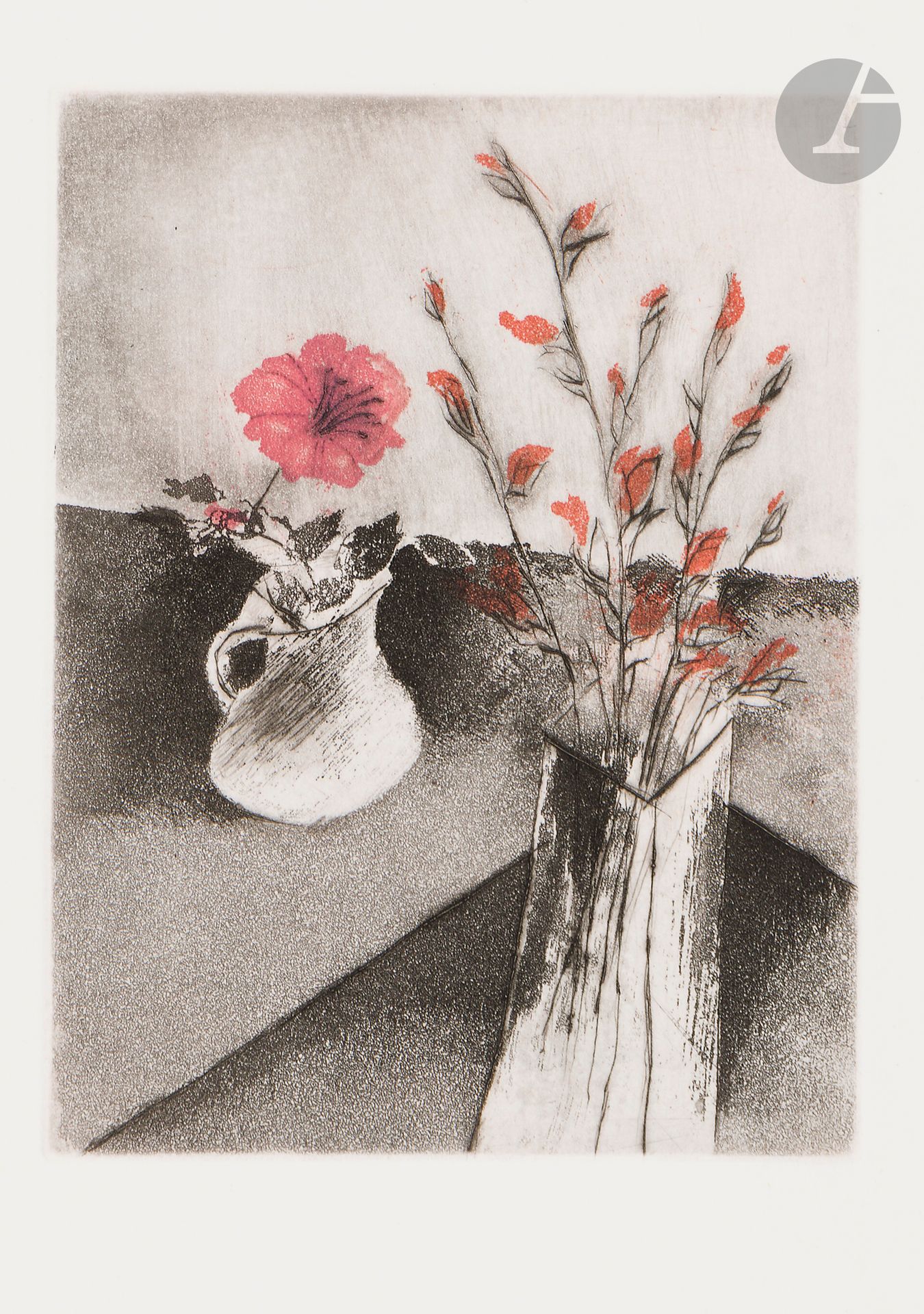 Annapia Antonini (née en 1942) 
Toulet (P.-J). Coples. Paris, Les Francs Bibliophiles, 1978. Un vol. in-4 [200 x 290], en feuilles, sur vélin, illustré de gravures à l’aquatinte en couleurs in- et hors- texte. Chemise imprimée, cartonnage et étui de toile brun rosé. Exemplaire numéroté et nominatif, d’un tirage à 170. Joint: suite additionnelle des planches sur vergé d’Arches blanc, signées au crayon; 3 cartes de vœux ou d’invitation gravées par d. Boxer, A. Loiselet et M. Watanabe.