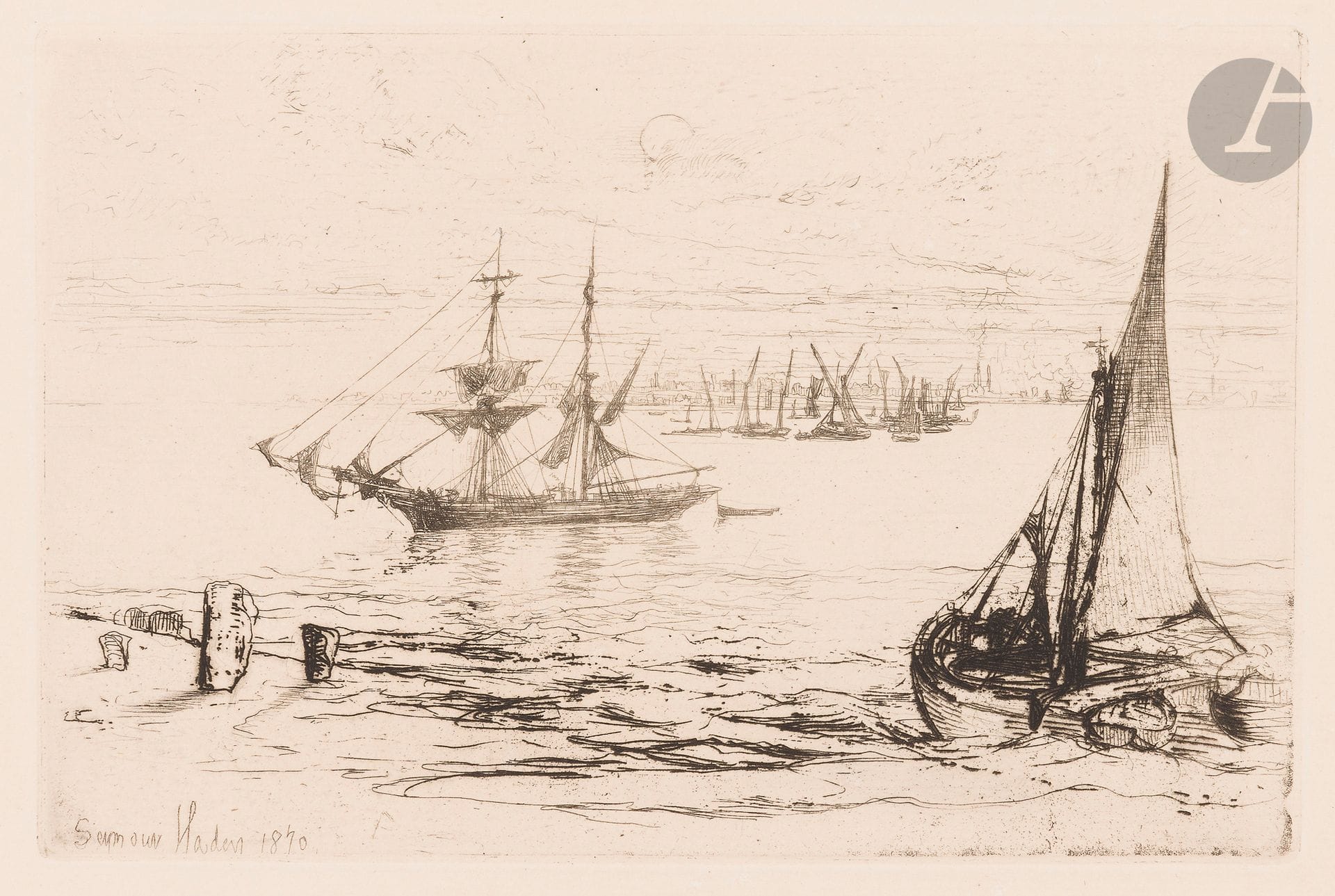 Sir Francis Seymour Haden (1818-1910)
A Brick at Anchor. 1870. Eau-forte et pointe sèche. 210 x 138. Harrington 147. Très belle épreuve sur vergé crème. Trace claire d’oxydation à l’ouverture du passe-partout. Un infime trou dans le sujet. Toutes marges.