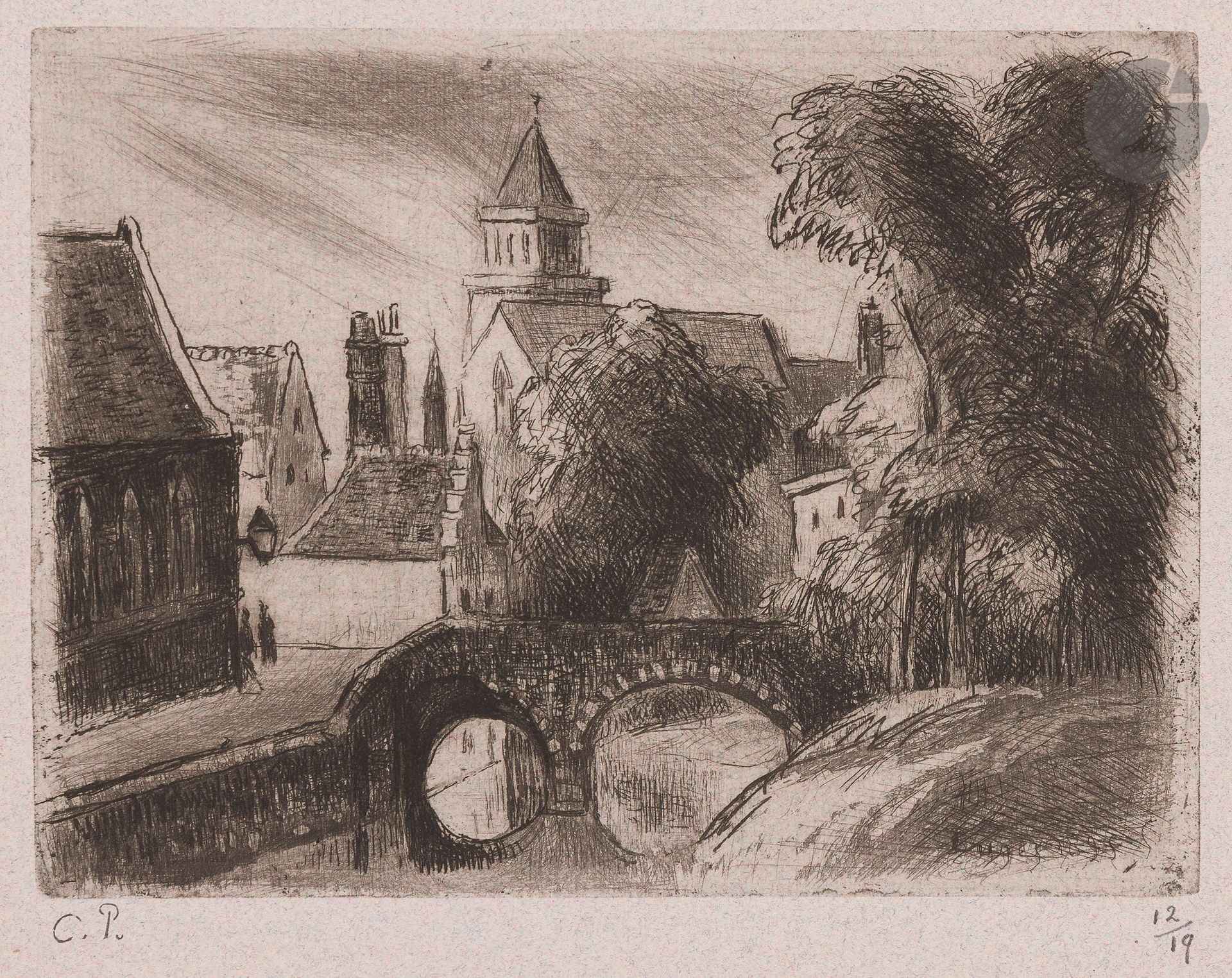 Camille Pissarro (1830-1903)
Quai des Ménétriers, à Bruges. 1894. Eau-forte, aquatinte et pointe sèche. 159 x 117. Delteil 108. Parfaite épreuve sur vergé mince gris violacé, du tirage de 1923 à 19 épreuves, timbrée (Lugt 613e) et numérotée au crayon (outre le tirage à une vingtaine d’épreuves du vivant de l’artiste). Toutes marges.