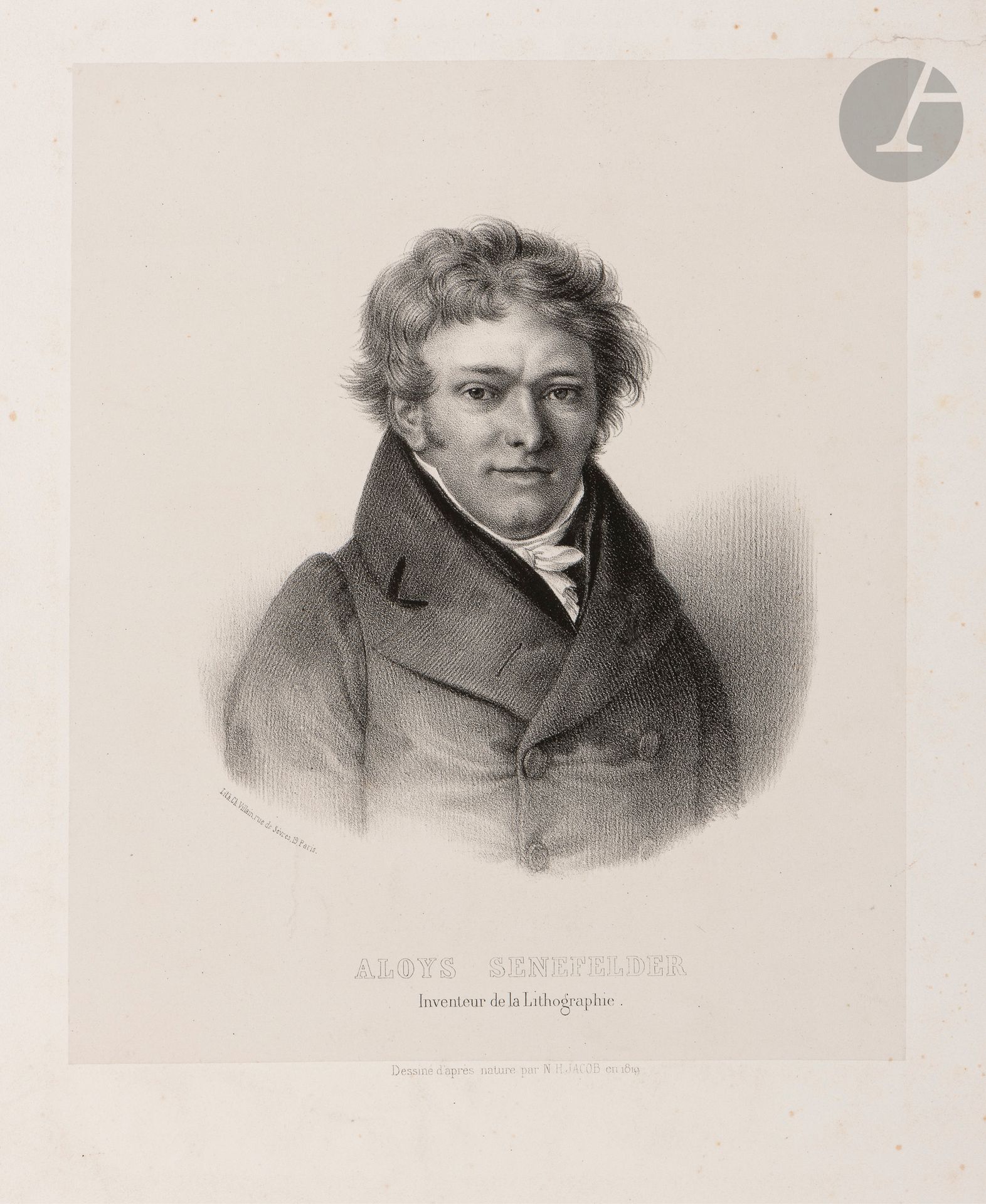 Nicolas-Henri Jacob (1782-1871) 
Aloys Senefelder, inventor of lithography. 1819. Lithography ("drawn after nature"). [305 x 460]. I.F.F. 12. Very fine proof on chine appliqué. Light foxing and marginal dusting. Tear of 70 mm in the right margin, without damage to the chine, formerly consolidated on the verso. Traces of folds in the upper right-hand corner. Full margins.