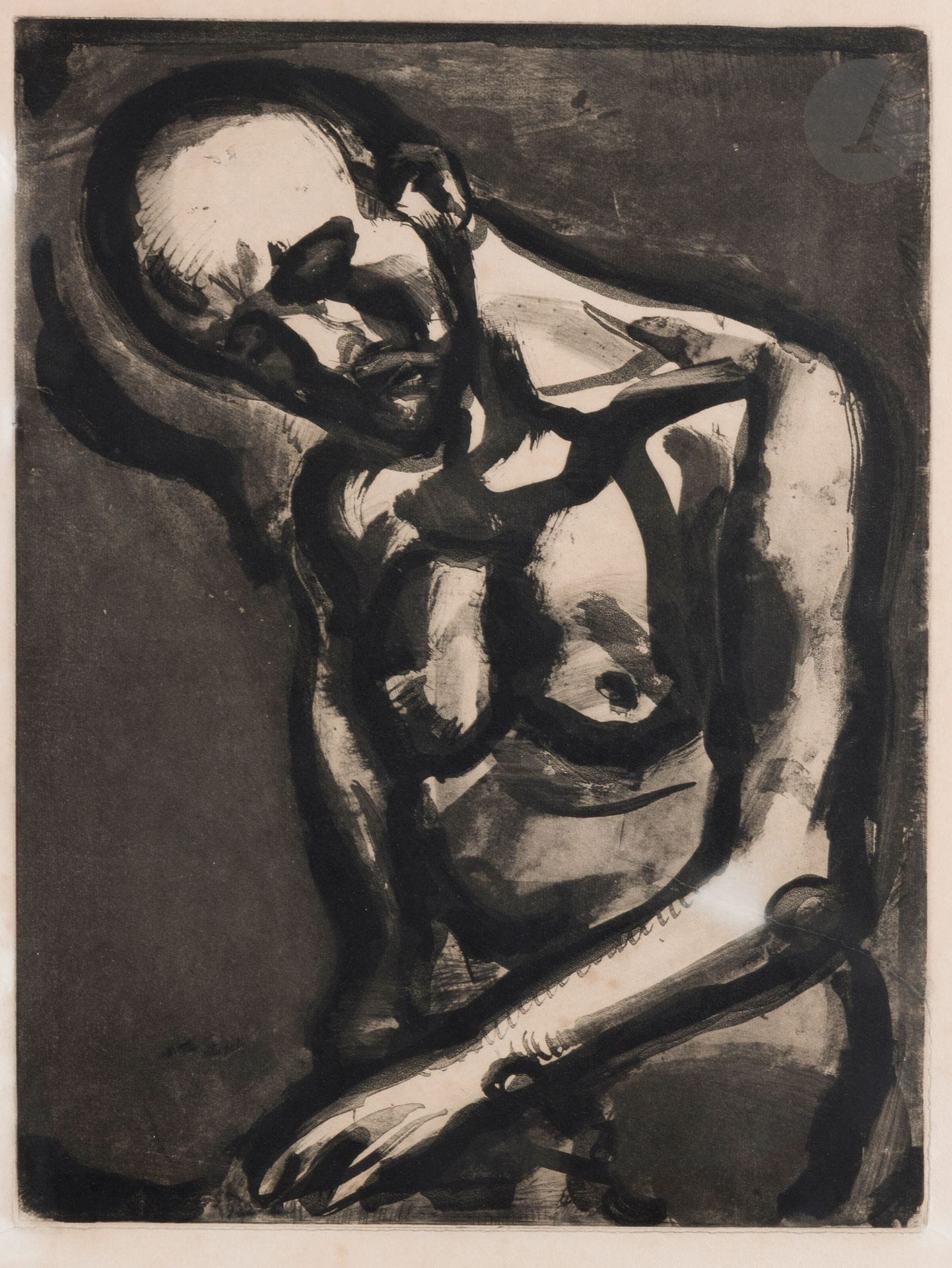 Georges Rouault (1871-1958)
Le Dur métier de vivre…. (Pl.XII pour le Miserere).1922. Héliogravure et pointe sèche. À vue : 485 x 620. Chapon et Rouault65. Épreuve sur vergé crème, très insolée. Larges rousseurs éparses et auréoles d'humidité. Marges. Cadre (non examinée hors du cadre).