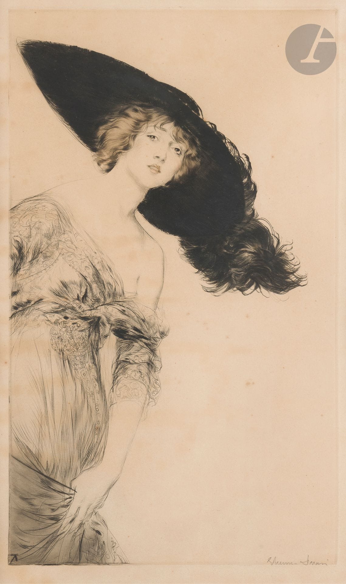 Drian (Adrien Désiré Étienne, known as) (1885-1961) 
Woman with large hat. Circa 1920. Drypoint. Sight: 360 x 590. Fine proof on vellum, signed in pencil in the subject, slightly soiled. Small light brown spots. Margins. Frame (not examined outside the frame).